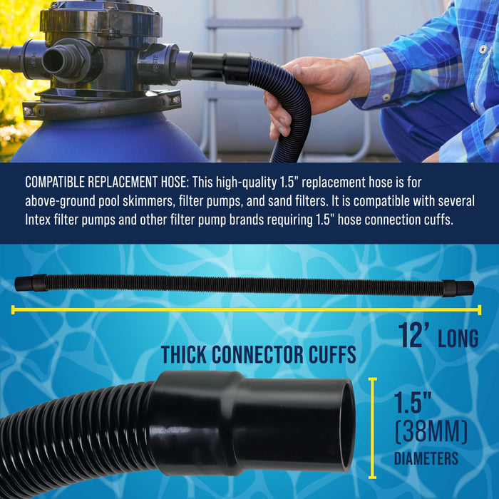 12 Foot Heavy-Duty Above Ground Pool Hose, 1.5" - Black Replacement Filter Connecting Hose, Flexible Spiral Wound EVA - Compatible with Intex for Pool Filter Pumps -Skimmer Pump