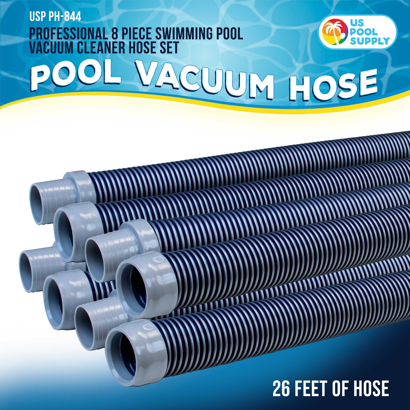 Professional 8 Piece Swimming Pool Vacuum Cleaner Hose Set, Blue & Gray - 40" Flexible Spiral Wound Connector Sections, 1.5" Cuffs