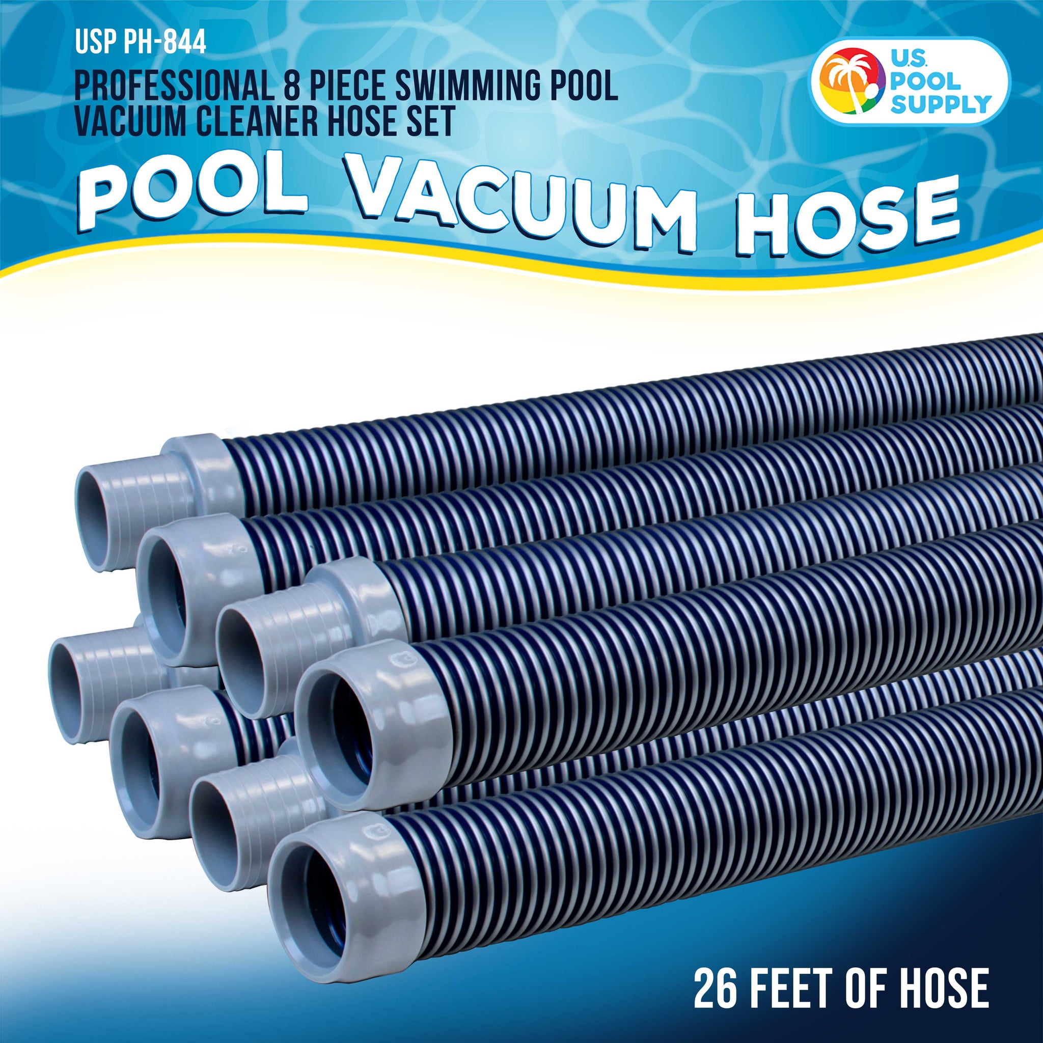 Professional 8 Piece Swimming Pool Vacuum Cleaner Hose Set, Blue & Gray - 40" Flexible Spiral Wound Connector Sections, 1.5" Cuffs