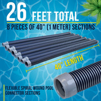 Professional 8 Piece Swimming Pool Vacuum Cleaner Hose Set, Blue & Gray - 40" Flexible Spiral Wound Connector Sections, 1.5" Cuffs