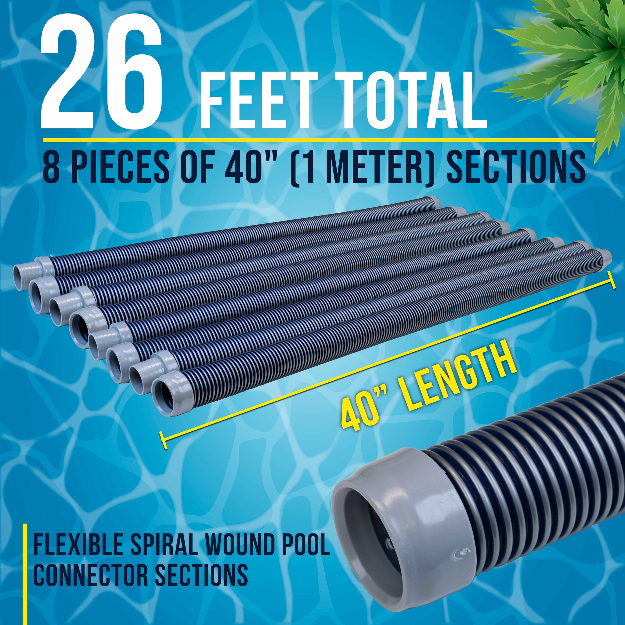 Professional 8 Piece Swimming Pool Vacuum Cleaner Hose Set, Blue & Gray - 40" Flexible Spiral Wound Connector Sections, 1.5" Cuffs