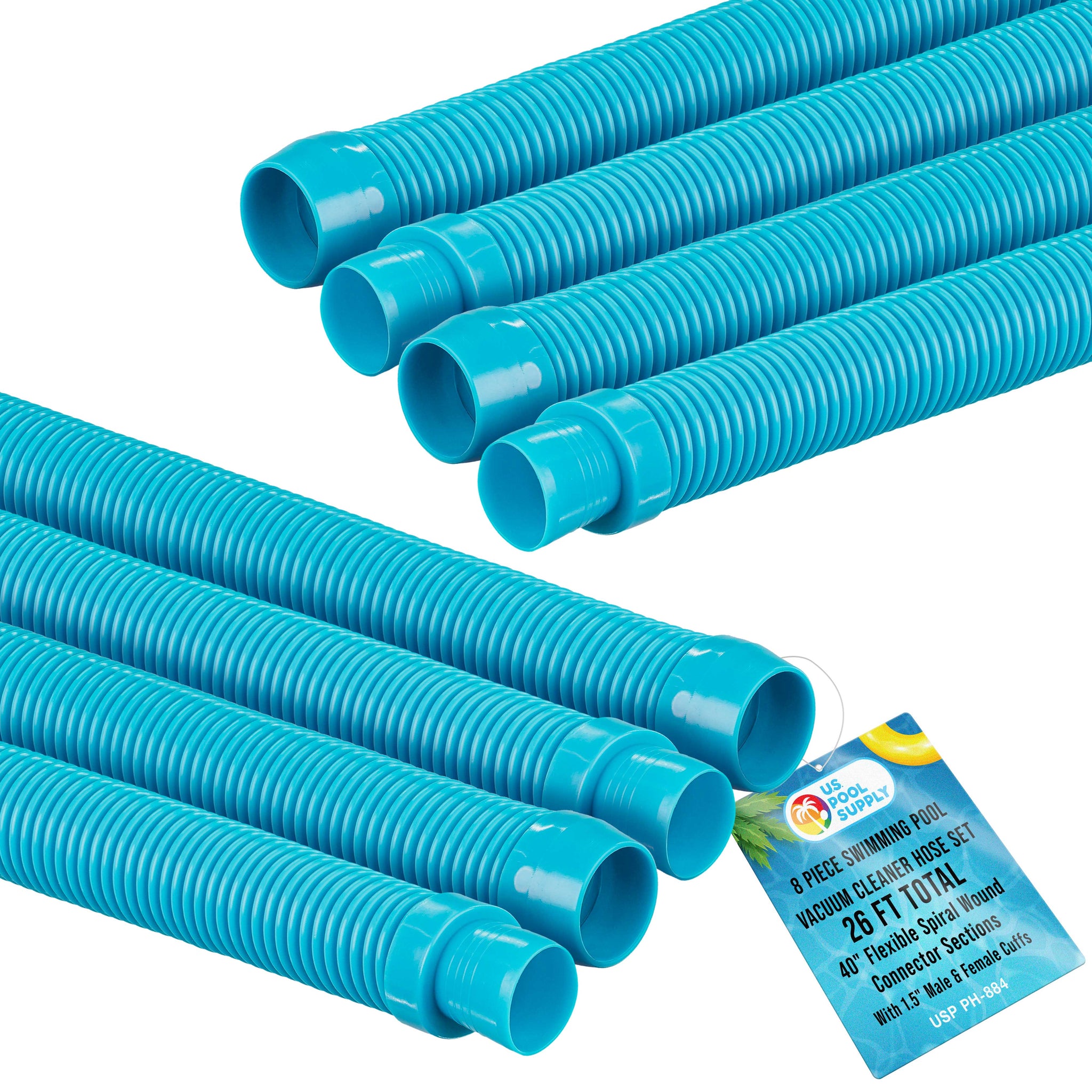 Professional 8 Piece Swimming Pool Vacuum Cleaner Hose Set, Teal - 40" Flexible Spiral Wound Connector Sections with 1.5" Cuffs