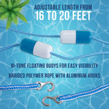 Swimming Pool Adjustable Length 16 to 20 Feet Safety Rope with Floating Buoys - Section Off Hazardous Areas, Dividing Lanes, Hooks