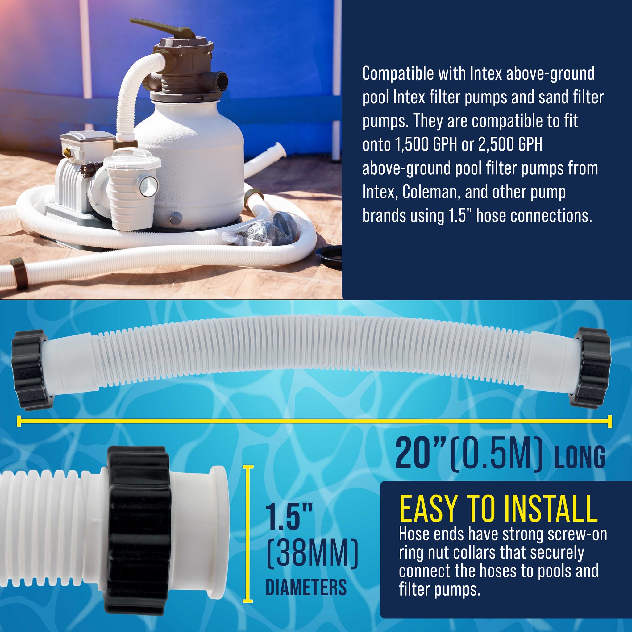 Above Ground Pool Hose Replacement 1.5" Diameter x 20" Long, Pack of 2 - Compatible with Intex Pool Filter Pump Hoses, Sand Filters, Saltwater Systems with 1,500 to 2,500 GPH