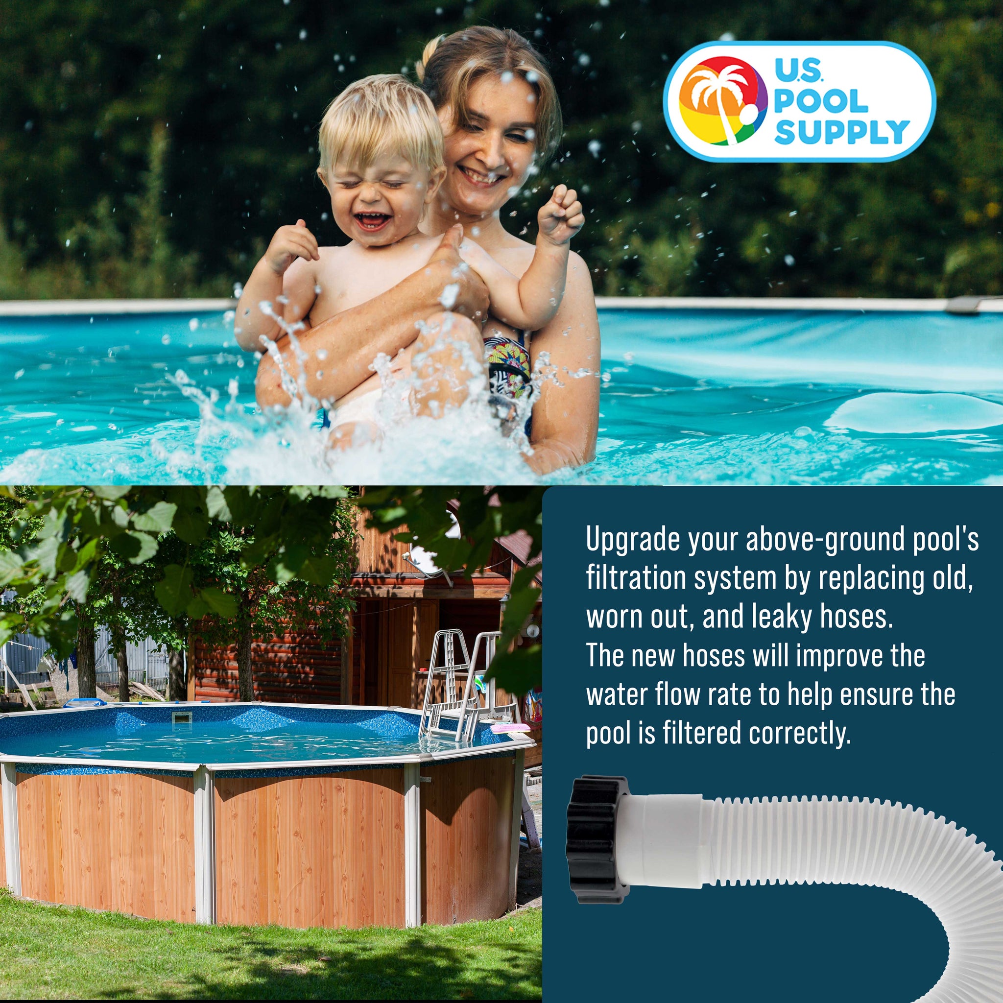 Above Ground Pool Hose Replacement 1.5" Diameter x 20" Long, Pack of 2 - Compatible with Intex Pool Filter Pump Hoses, Sand Filters, Saltwater Systems with 1,500 to 2,500 GPH