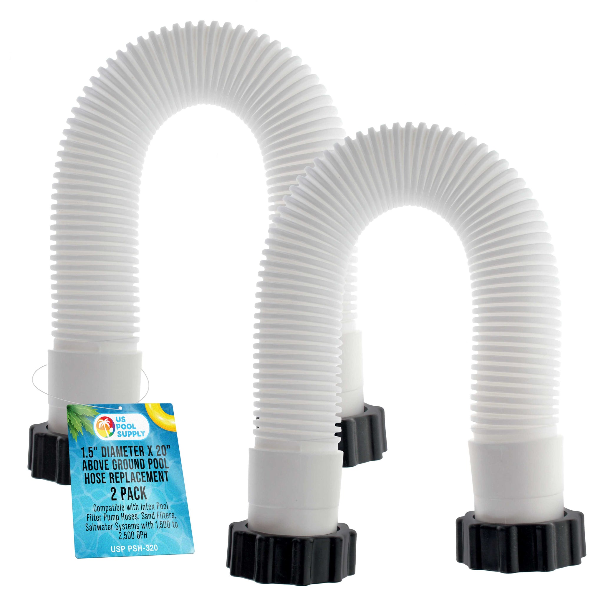 Above Ground Pool Hose Replacement 1.5" Diameter x 20" Long, Pack of 2 - Compatible with Intex Pool Filter Pump Hoses, Sand Filters, Saltwater Systems with 1,500 to 2,500 GPH