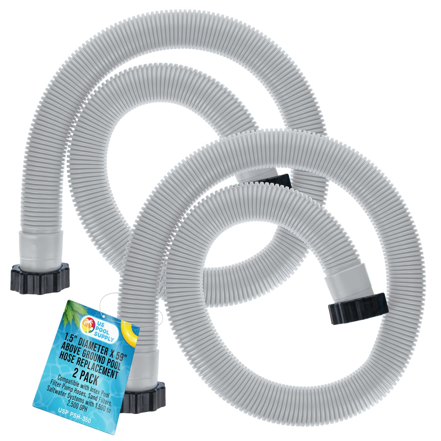 Above Ground Pool Hose Replacement 1.5" Diameter x 59" Long, Pack of 2 - Compatible with Intex 29060E, Pool Filter Pump Hoses, Sand Filters, Saltwater Systems with 1,500 to 2,500 GPH