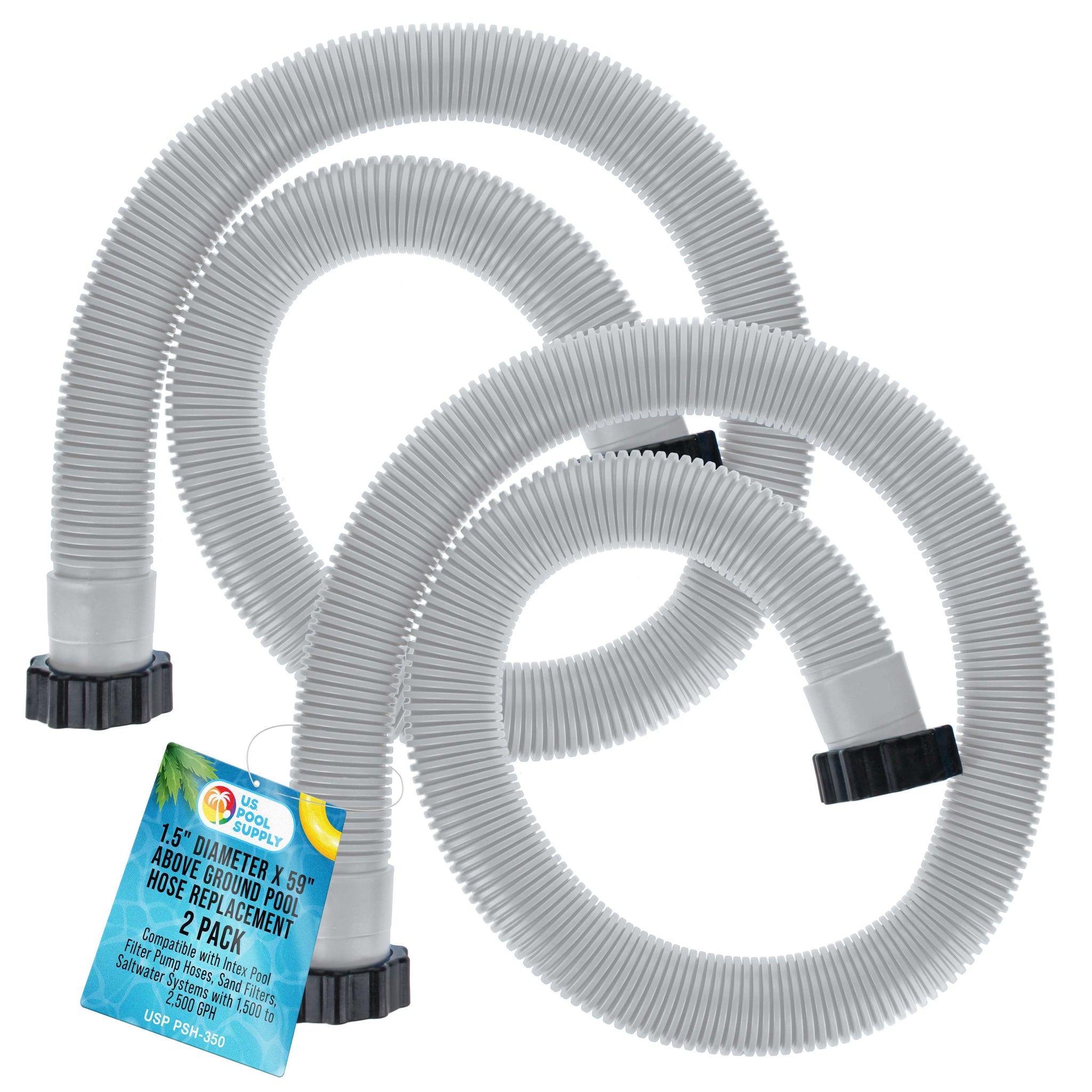 Above Ground Pool Hose Replacement 1.5" Diameter x 59" Long, Pack of 2 - Compatible with Intex 29060E, Pool Filter Pump Hoses, Sand Filters, Saltwater Systems with 1,500 to 2,500 GPH