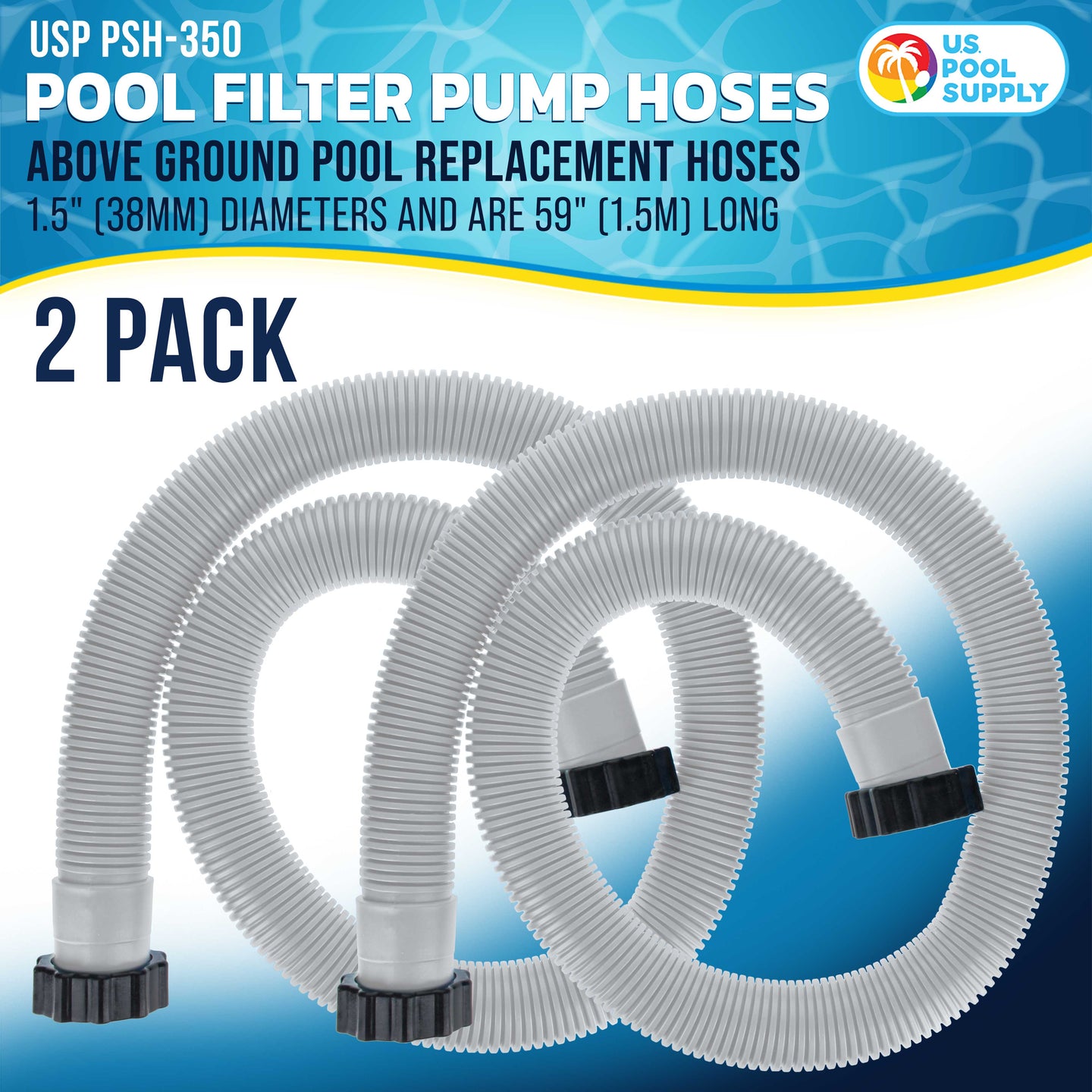 Above Ground Pool Hose Replacement 1.5" Diameter x 59" Long, Pack of 2 - Compatible with Intex 29060E, Pool Filter Pump Hoses, Sand Filters, Saltwater Systems with 1,500 to 2,500 GPH