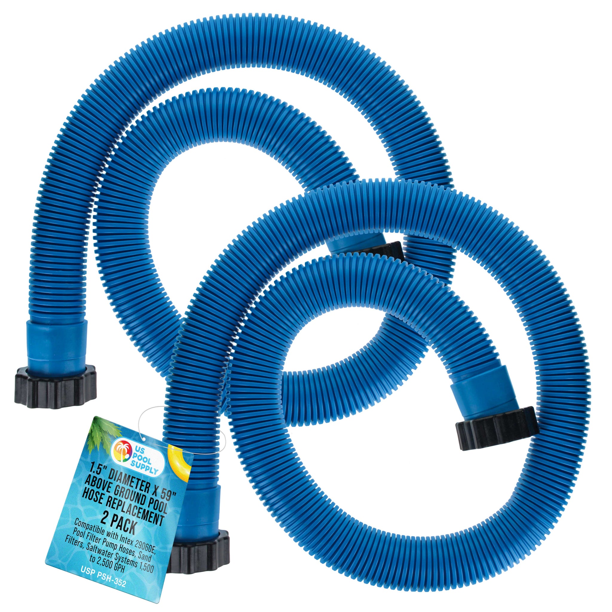Above Ground Pool Hose Replacement 1.5" Diameter x 59" Long, Pack of 2, Blue - Compatible with Intex 29060E, Pool Filter Pump Hoses, Sand Filters, Saltwater Systems 1,500 to 2,500 GPH