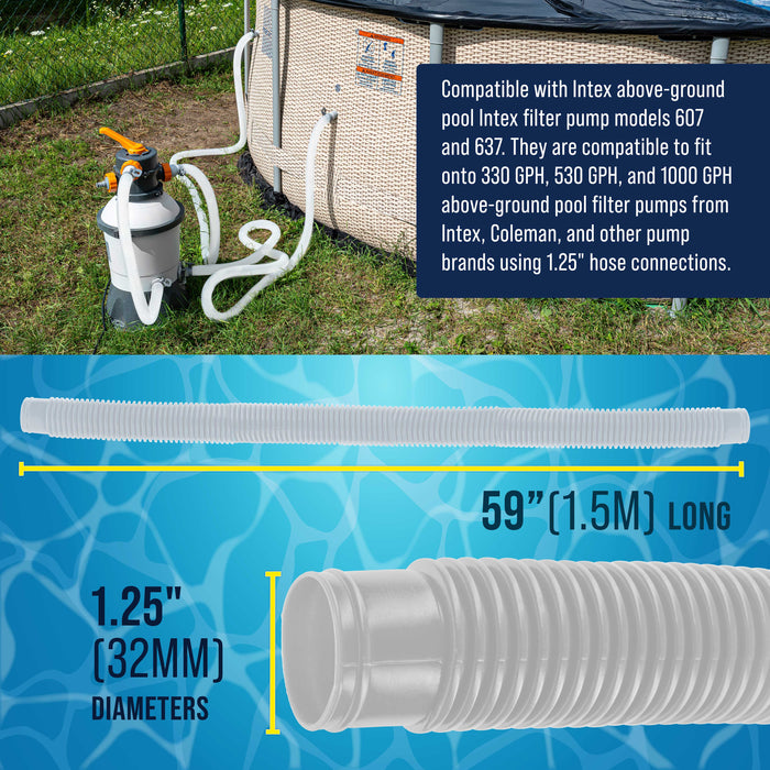 Above Ground Pool Hose Replacement 1.25" Diameter x 59" Long, Pack of 3 - White Premium Pool Filter Pump Hoses Compatible with Intex 607, 637 Pumps, 330, 530, 1000 GPH, 6 Metal Clamps