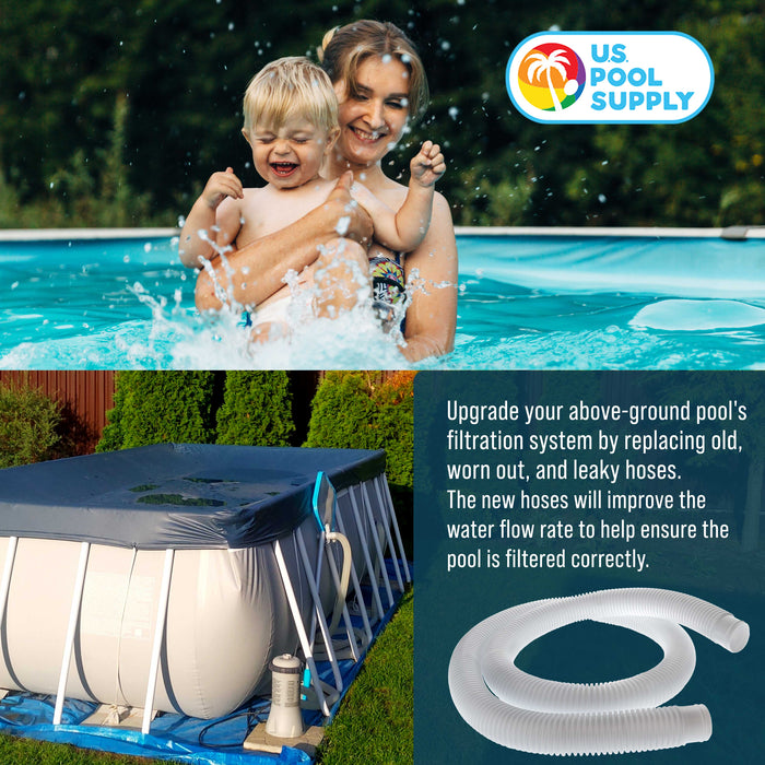 Above Ground Pool Hose Replacement 1.25" Diameter x 59" Long, Pack of 3 - White Premium Pool Filter Pump Hoses Compatible with Intex 607, 637 Pumps, 330, 530, 1000 GPH, 6 Metal Clamps