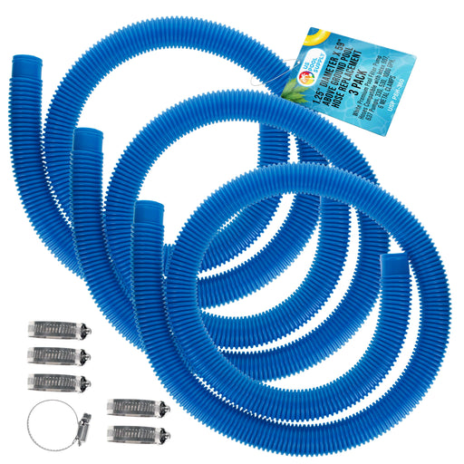 Above Ground Pool Hose Replacement 1.25" Diameter x 59" Long, Pack of 3 - Blue Premium Pool Filter Pump Hoses Compatible with Intex 607, 637 Pumps, 330, 530, 1000 GPH - 6 Metal Clamps