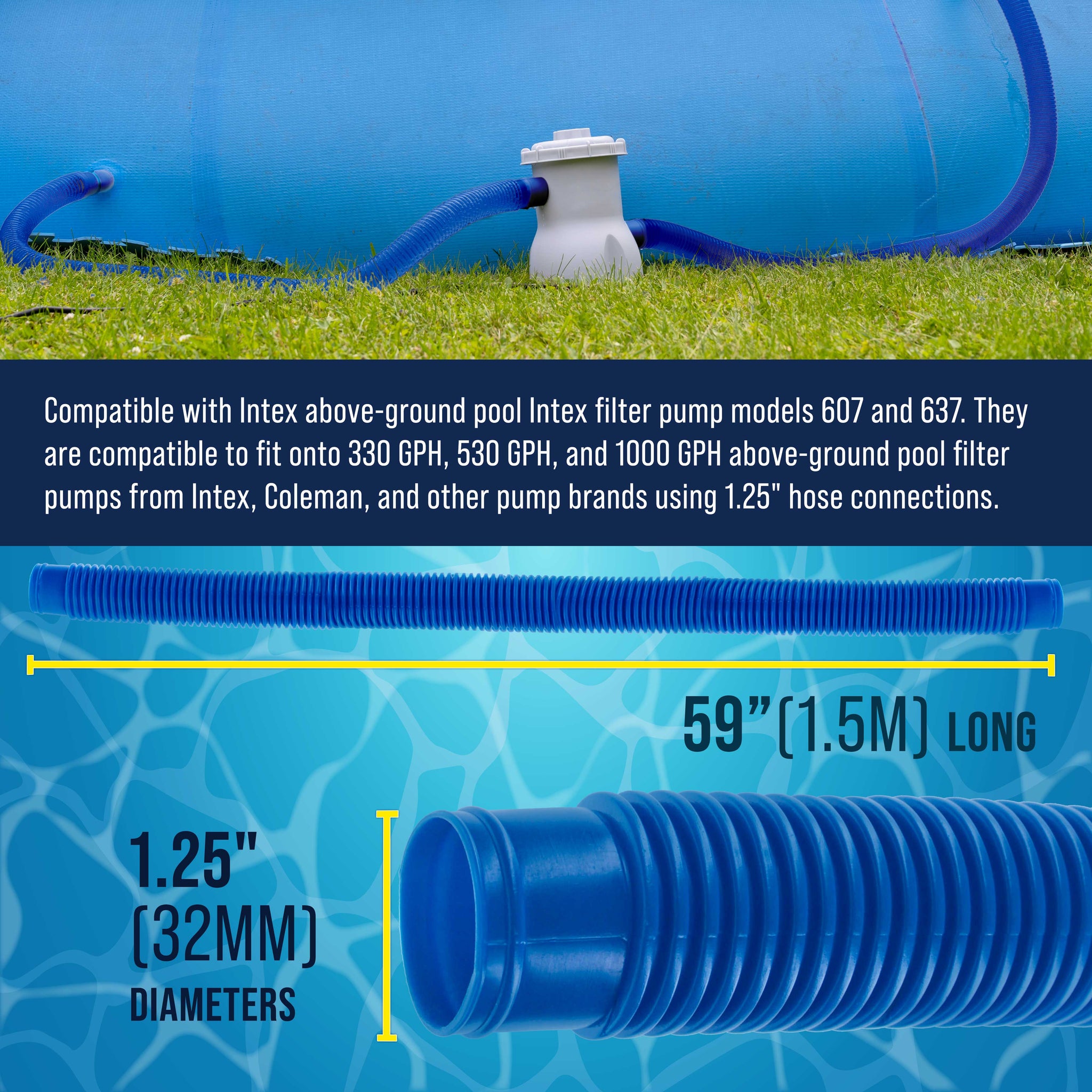 Above Ground Pool Hose Replacement 1.25" Diameter x 59" Long, Pack of 3 - Blue Premium Pool Filter Pump Hoses Compatible with Intex 607, 637 Pumps, 330, 530, 1000 GPH - 6 Metal Clamps