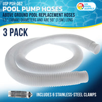 Above Ground Pool Hose Replacement 1.5" Diameter x 59" Long, Pack of 3, White - Compatible with Intex Pool Surface Skimmer, Filter Pump Hose - 6 Metal Clamps