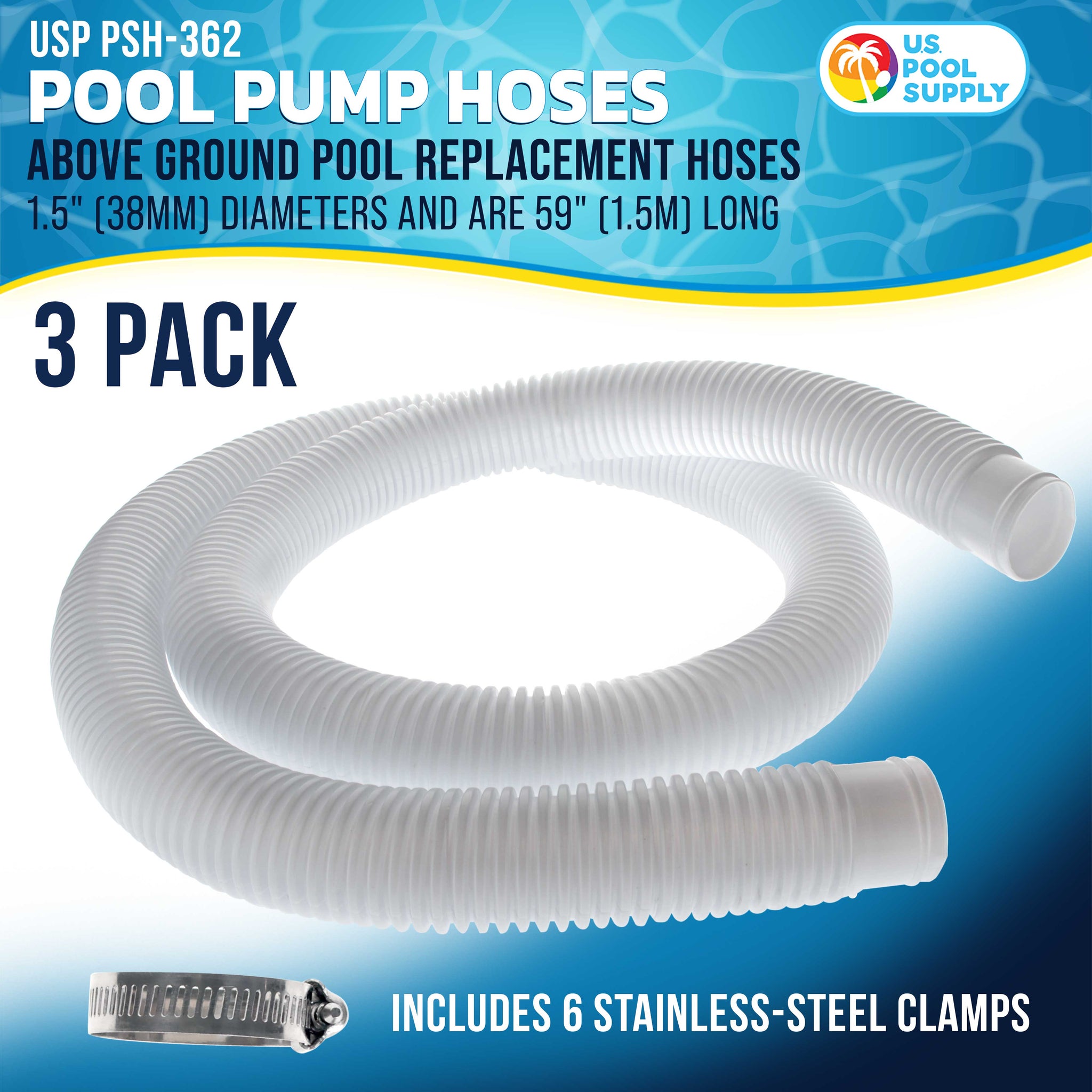 Above Ground Pool Hose Replacement 1.5" Diameter x 59" Long, Pack of 3, White - Compatible with Intex Pool Surface Skimmer, Filter Pump Hose - 6 Metal Clamps