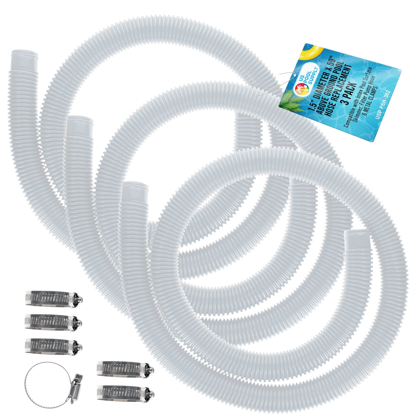 Above Ground Pool Hose Replacement 1.5" Diameter x 59" Long, Pack of 3, White - Compatible with Intex Pool Surface Skimmer, Filter Pump Hose - 6 Metal Clamps