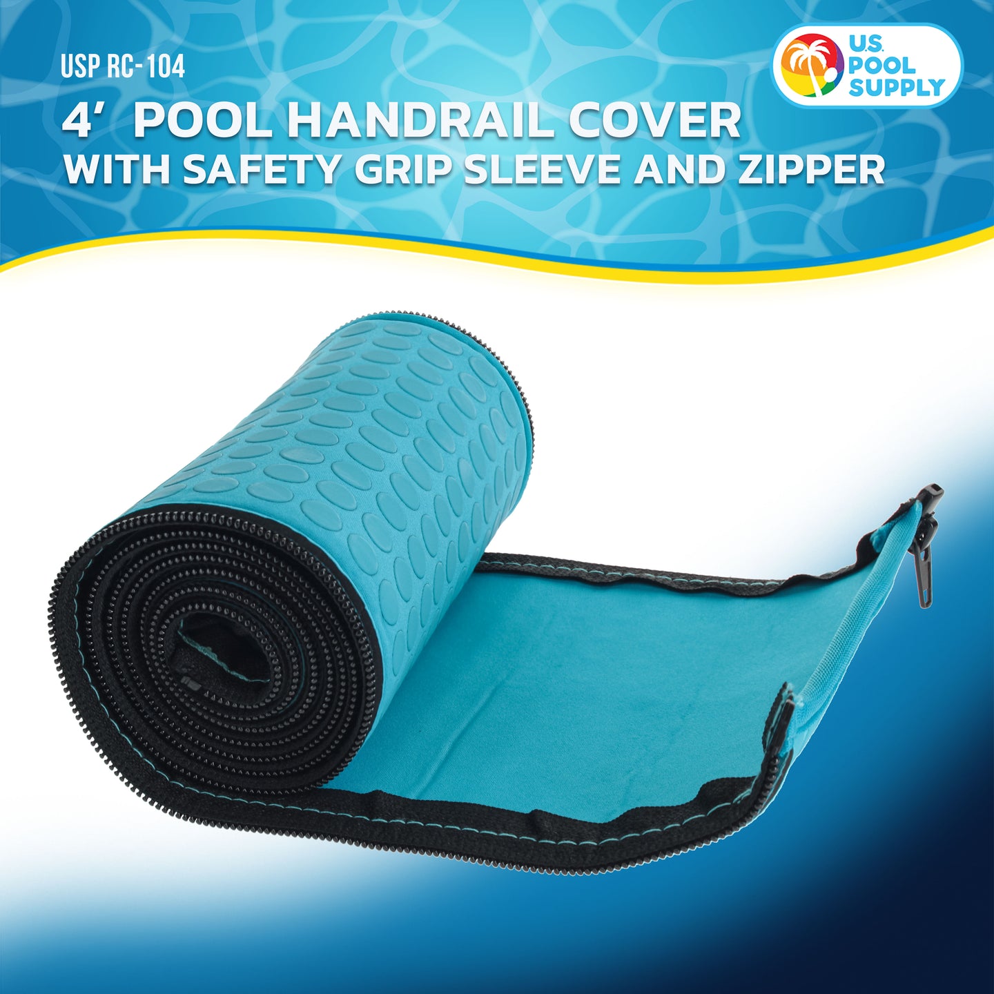 4-Foot Pool Handrail Cover with Safety Grip Sleeve and Zipper - Teal Blue Neoprene Slip Resistant Hand Rail Grip - Anti-Slip Comfort