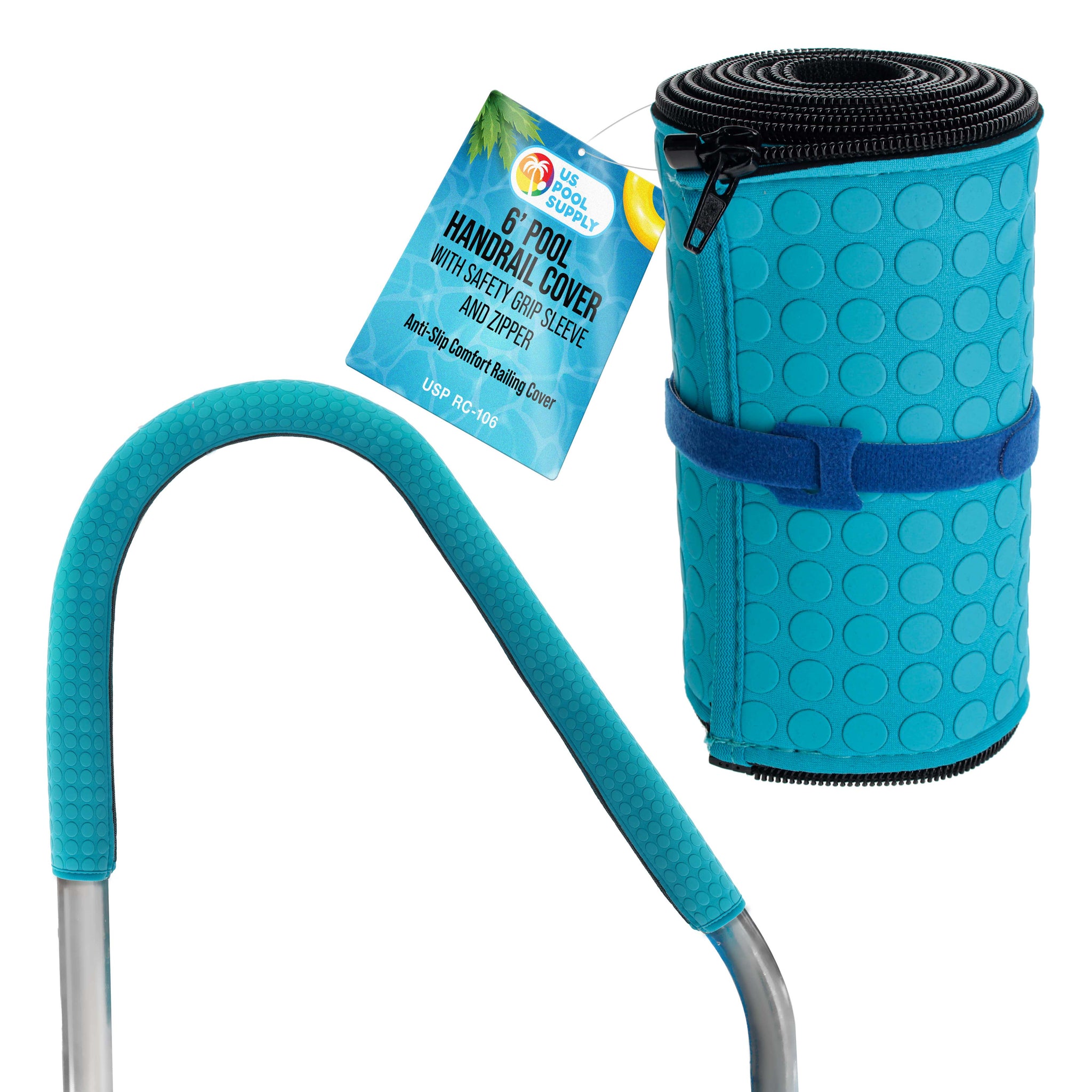 6-Foot Pool Handrail Cover with Safety Grip Sleeve and Zipper - Teal Blue Neoprene Slip Resistant Hand Rail Grip - Anti-Slip Comfort