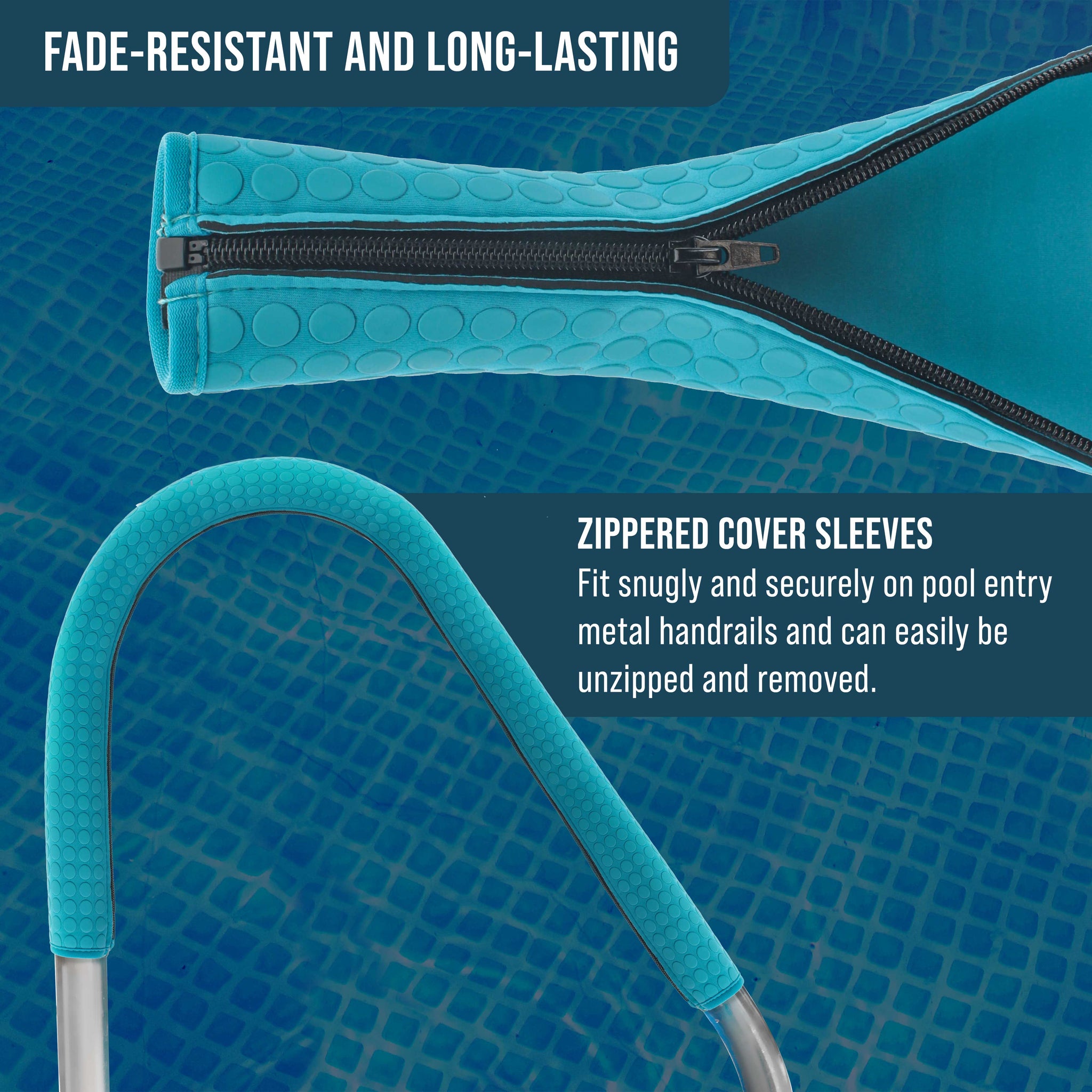 10-Foot Pool Handrail Cover with Safety Grip Sleeve & Zipper - Teal Blue Neoprene Slip Resistant Hand Rail Grip - Anti-Slip Comfort