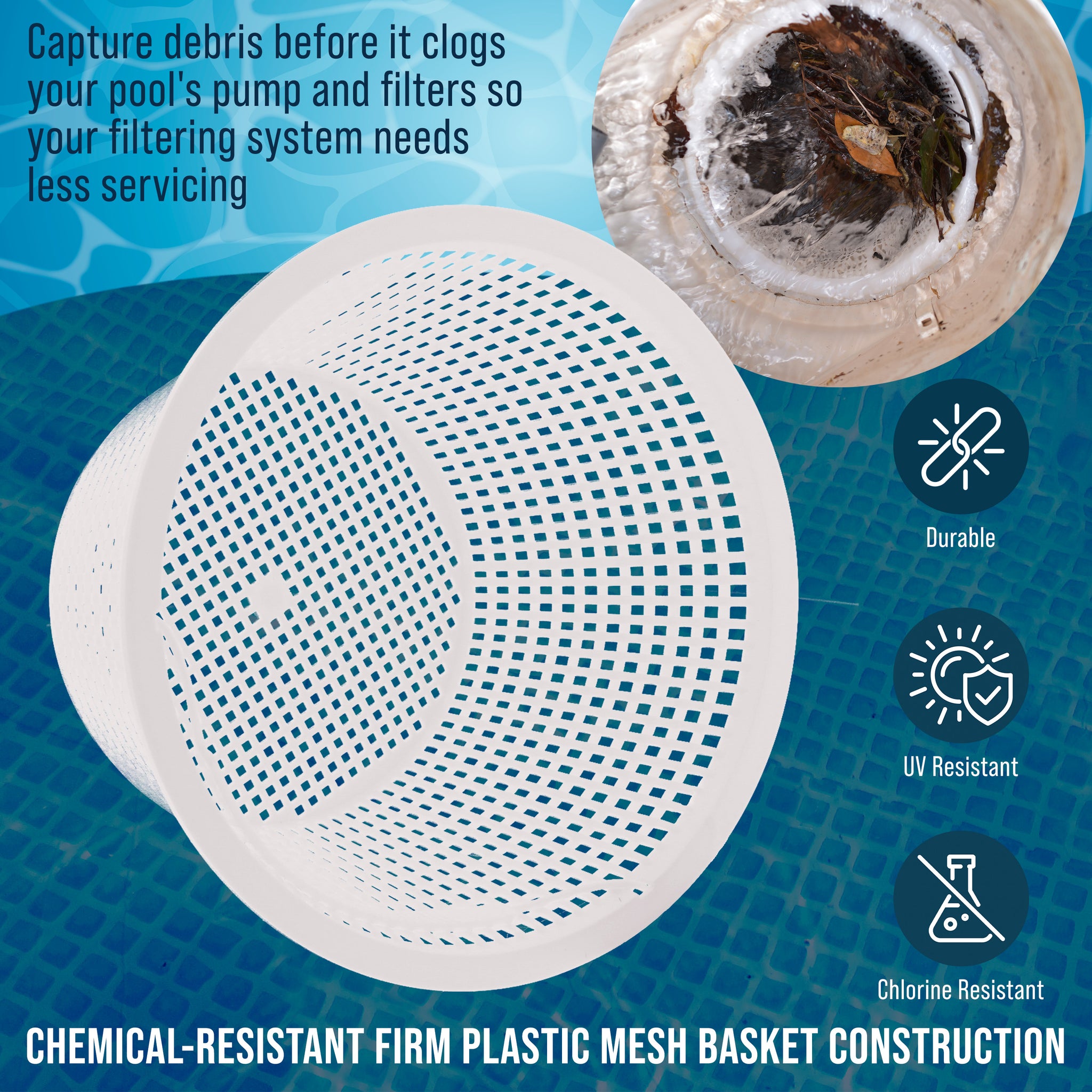 Swimming Pool Plastic Skimmer Replacement Basket (Set of 2) - Skim Remove Leaves, Bugs and Debris - 8" Top, 5.5" Bottom, 5" Deep - Not Weighted