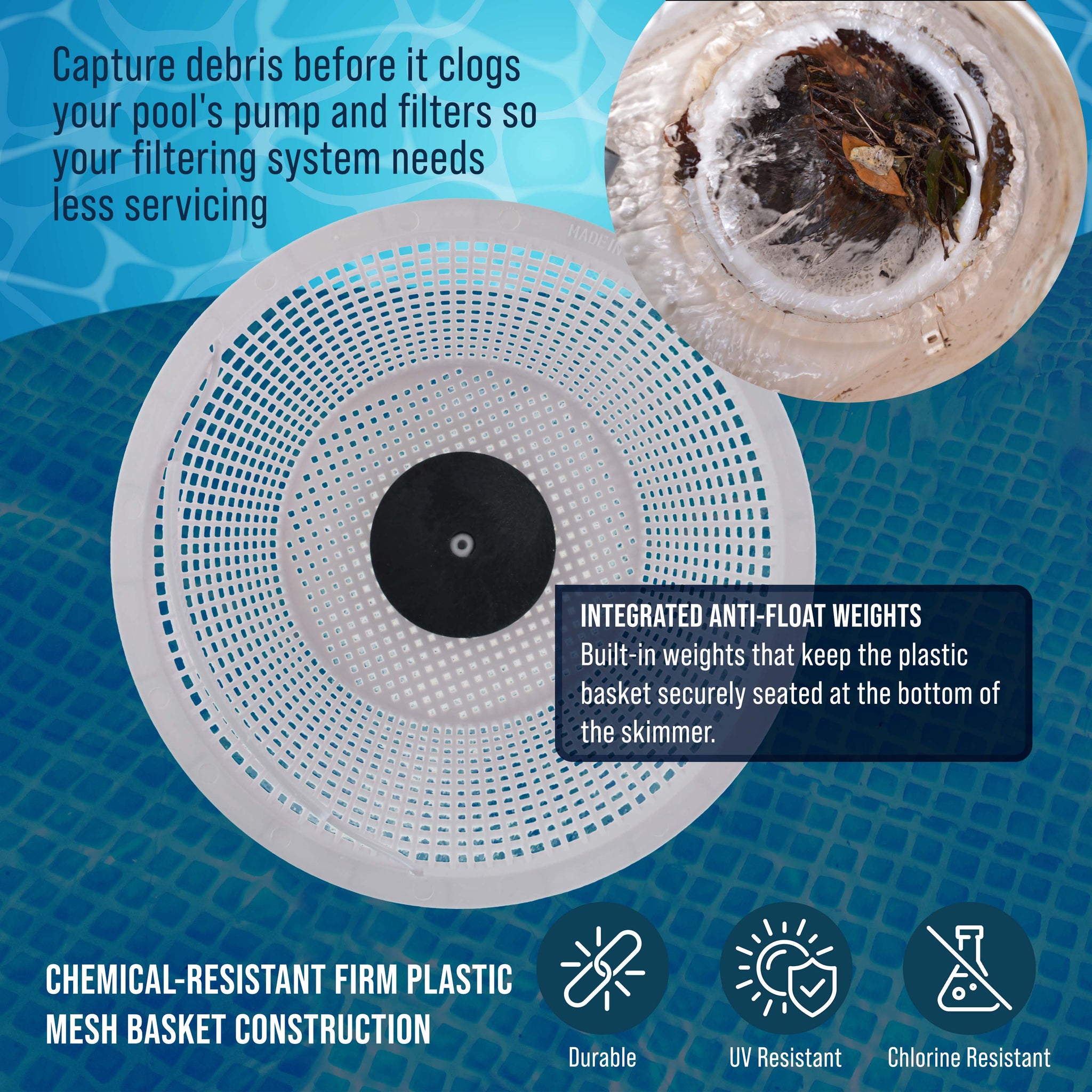 Weighted Inground Pool Skimmer Basket (Set of 2) - Skimmer Filter Basket, Skims Leaves – Replacement Compatible with Hayward SPX1070E, Prevent Pump Clogs - 8" Top, 5.5" Bottom, 5" Deep