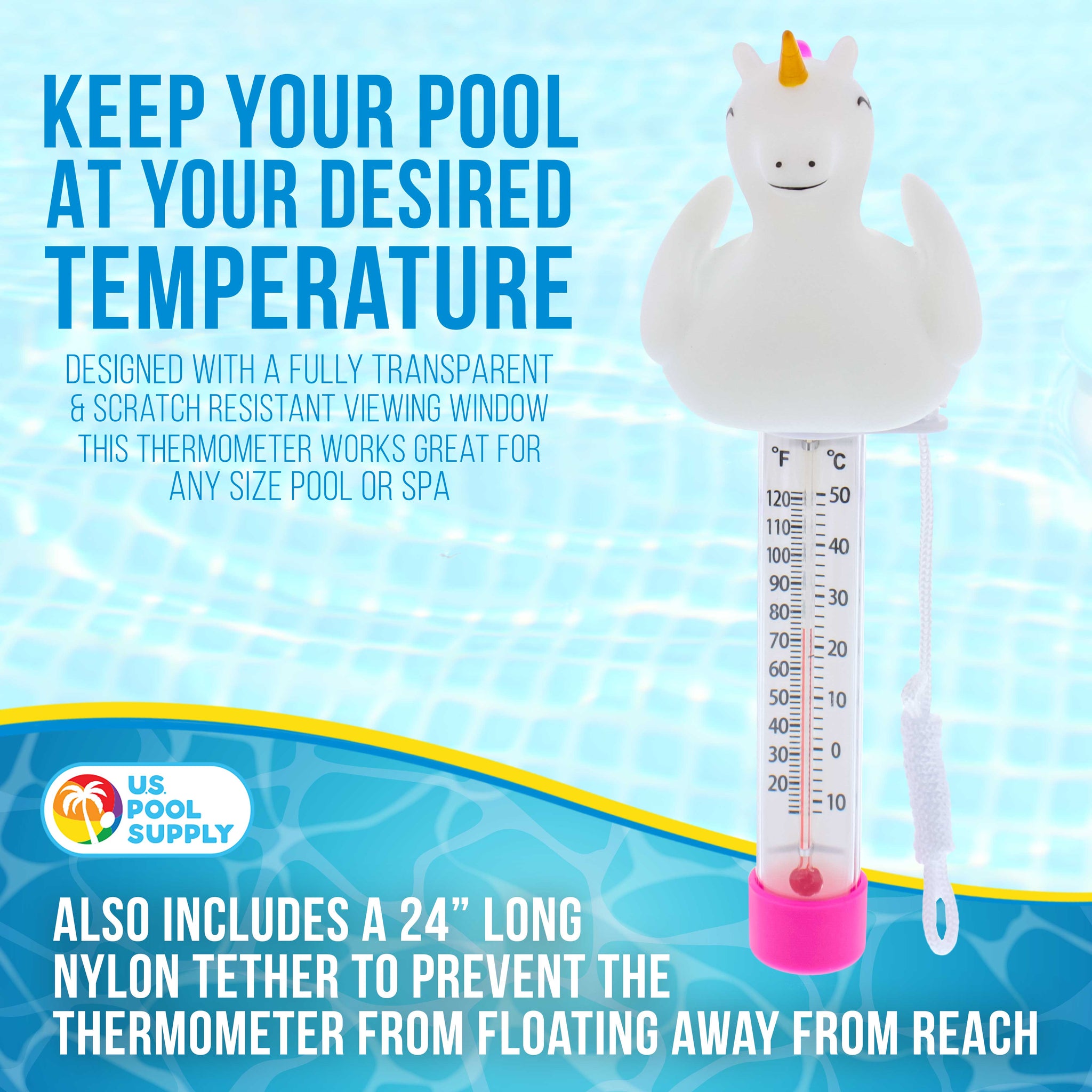 Floating Unicorn Thermometer - Easy to Read Temperature Display, Measures up to 120°F & 50°C, Swimming Pools, Spas, Kids Pools, Cute