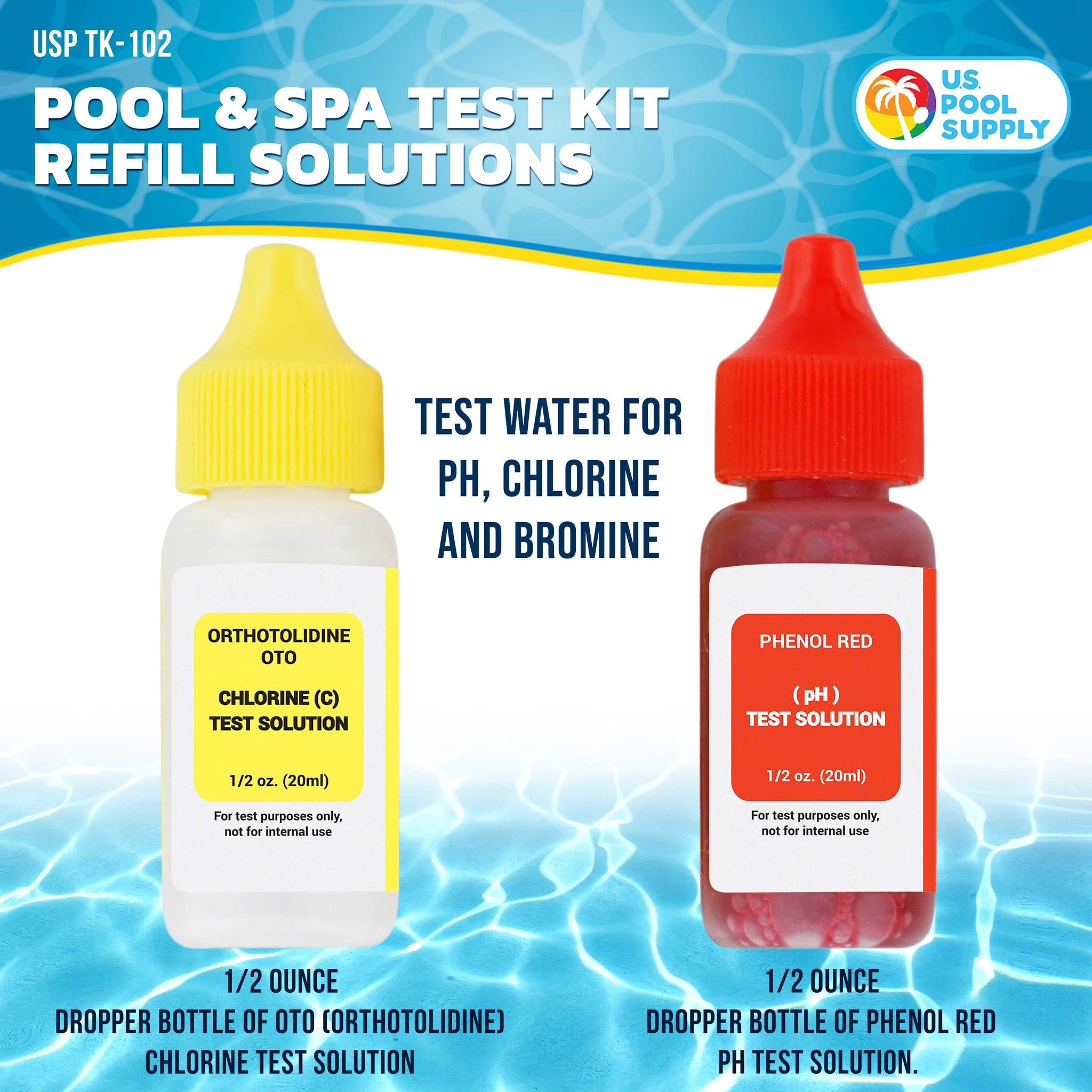 Swimming Pool & Spa Test Kit Refill Solutions, Test Water for pH, Chlorine and Bromine