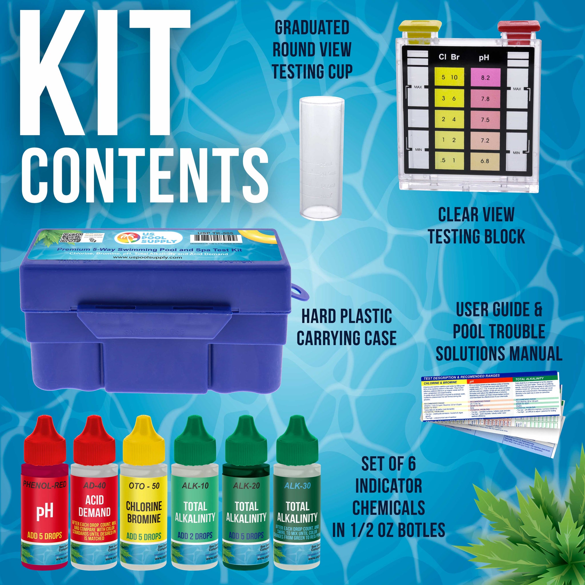 Premium 5-Way Swimming Pool & Spa Test Kit - Tests Water for pH, Chlorine, Bromine, Alkalinity, Acid Demand, Maintain Chemical Levels