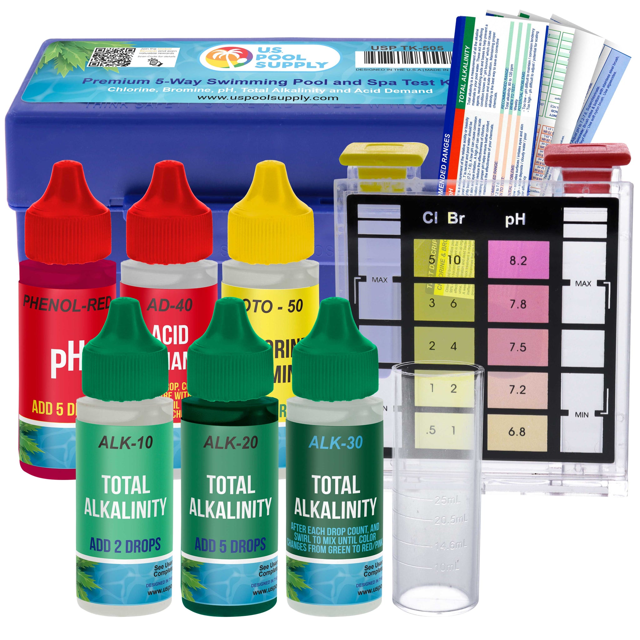 Premium 5-Way Swimming Pool & Spa Test Kit - Tests Water for pH, Chlorine, Bromine, Alkalinity, Acid Demand, Maintain Chemical Levels