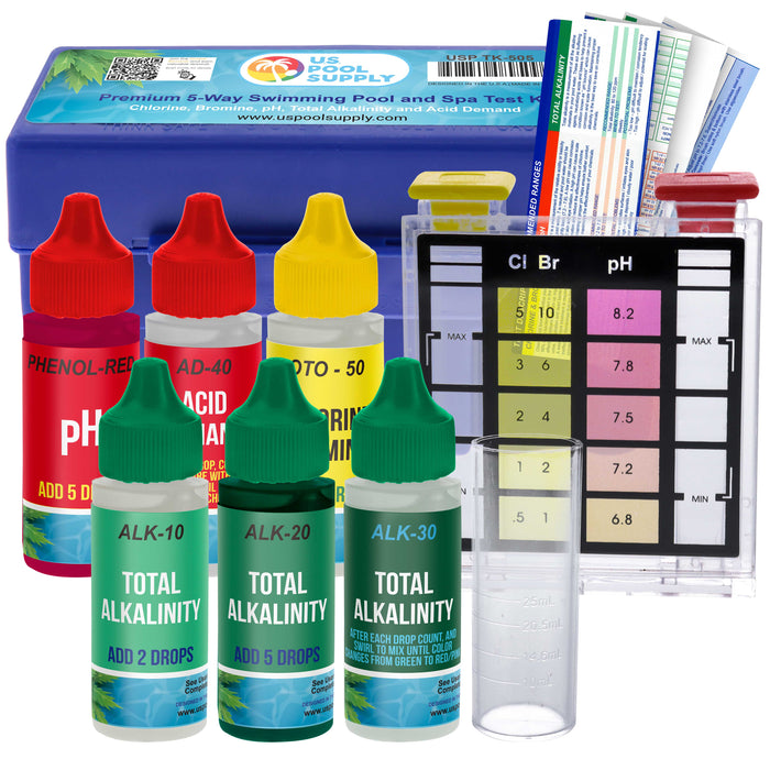 U.S. Pool Supply® Premium 5-Way Swimming Pool & Spa Test Kit - Tests Water for pH, Chlorine, Bromine, Alkalinity, Acid Demand, Maintain Chemical Levels