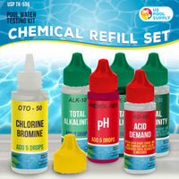 6 Bottle Refill Solution Pack for Premium 5-Way Swimming Pool & Spa Test Kit - pH Chlorine Bromine Alkalinity, Acid Demand Indicators
