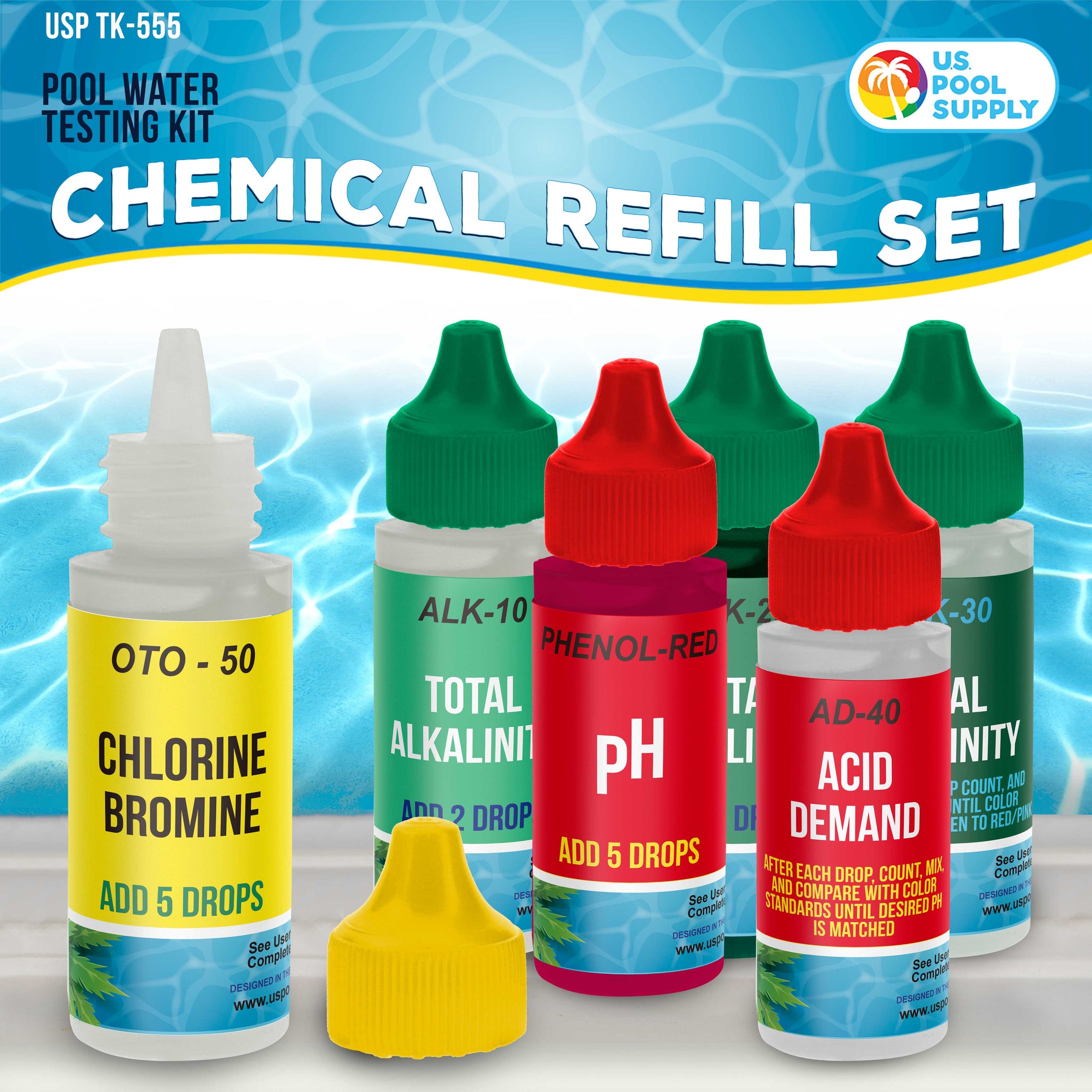 6 Bottle Refill Solution Pack for Premium 5-Way Swimming Pool & Spa Test Kit - pH Chlorine Bromine Alkalinity, Acid Demand Indicators