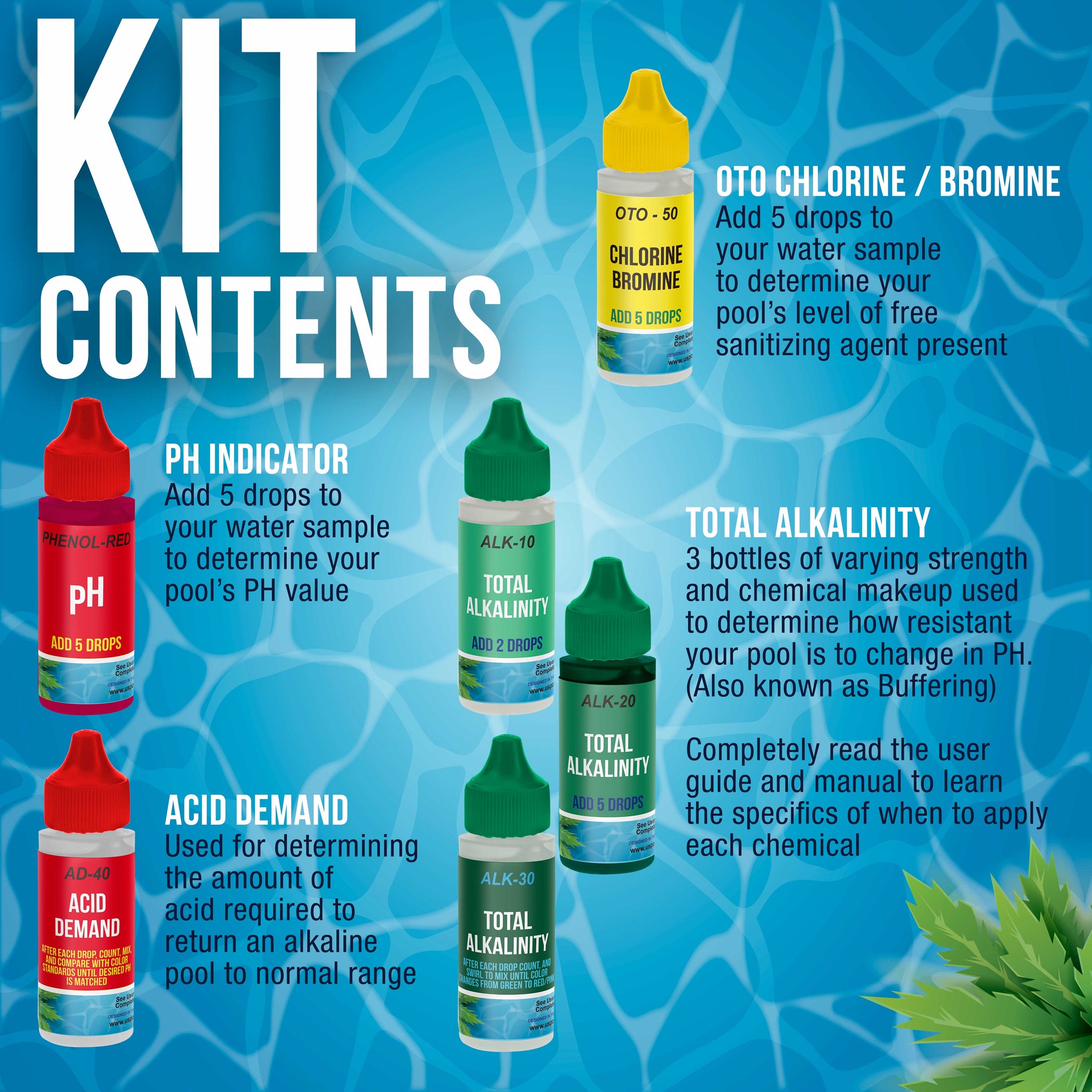 6 Bottle Refill Solution Pack for Premium 5-Way Swimming Pool & Spa Test Kit - pH Chlorine Bromine Alkalinity, Acid Demand Indicators