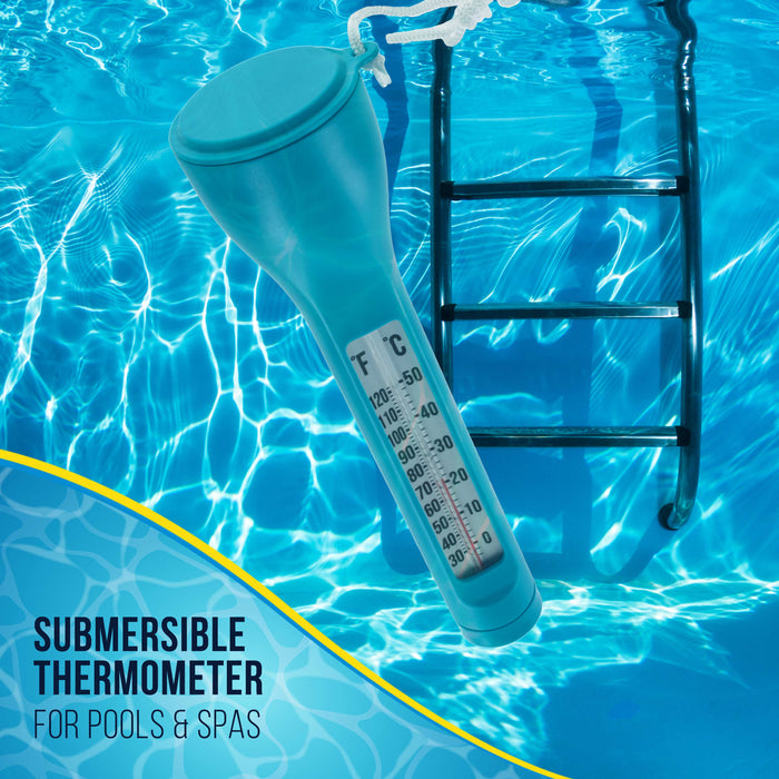 U.S. Pool Supply Plastic Pool Thermometer, Blue - Easy-to-Read Temperature Display, Measures Up to 120° F (50° C), Tether String, Swimming Pools, Spas