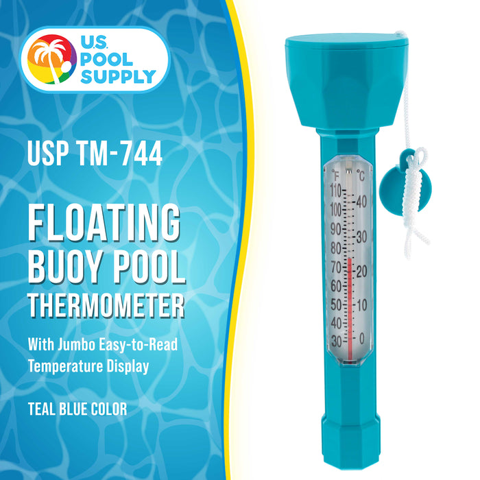 Floating Buoy Pool Thermometer with Jumbo Easy-To-Read Temperature Display, Teal Blue, Tether String - Up to 110° F, 40° C, Spa, Pond