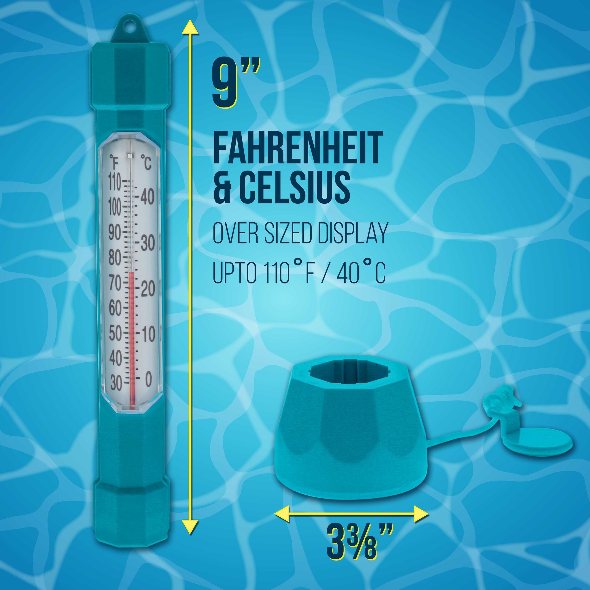 Floating Buoy Pool Thermometer with Jumbo Easy-To-Read Temperature Display, Teal Blue, Tether String - Up to 110° F, 40° C, Spa, Pond