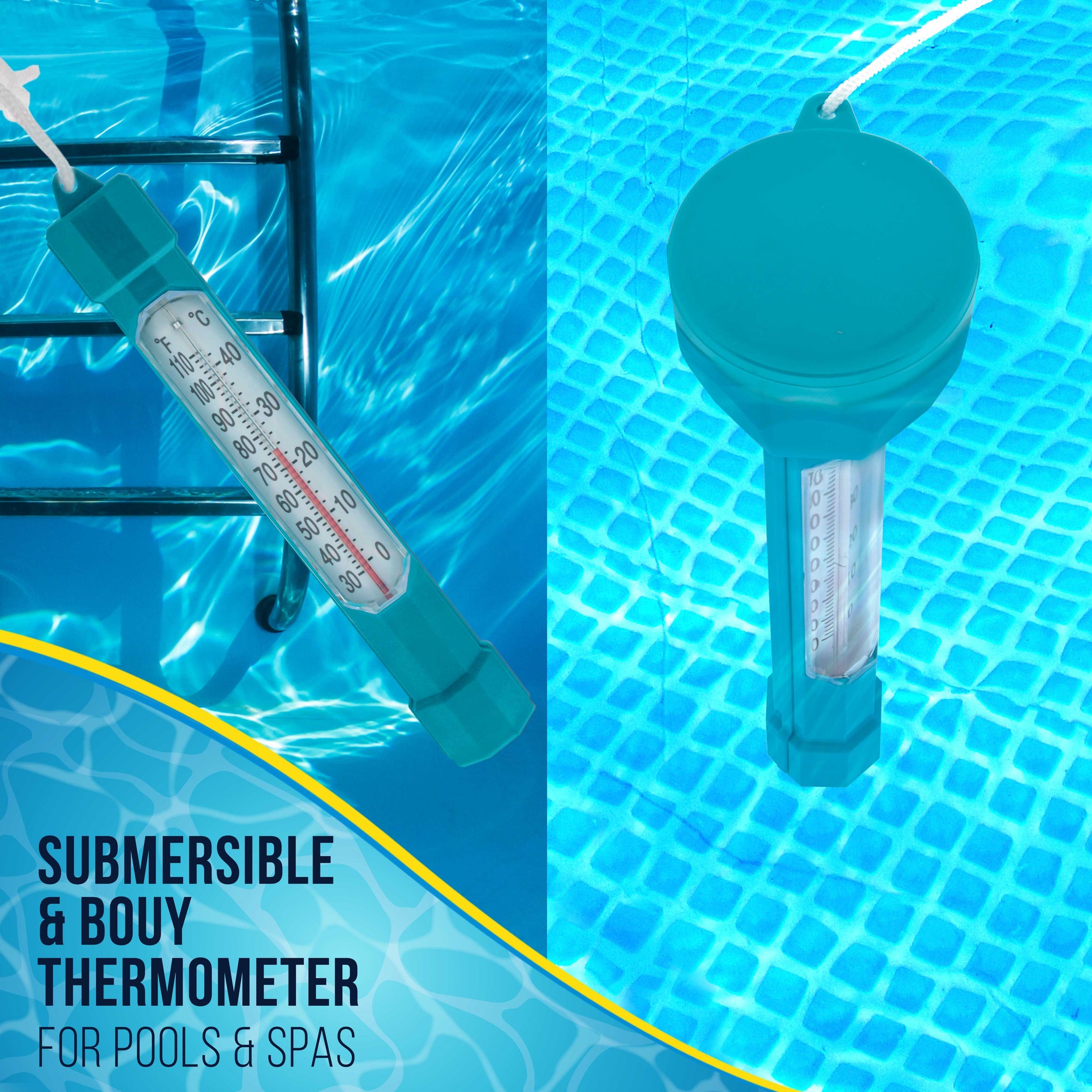 Floating Buoy Pool Thermometer with Jumbo Easy-To-Read Temperature Display, Teal Blue, Tether String - Up to 110° F, 40° C, Spa, Pond