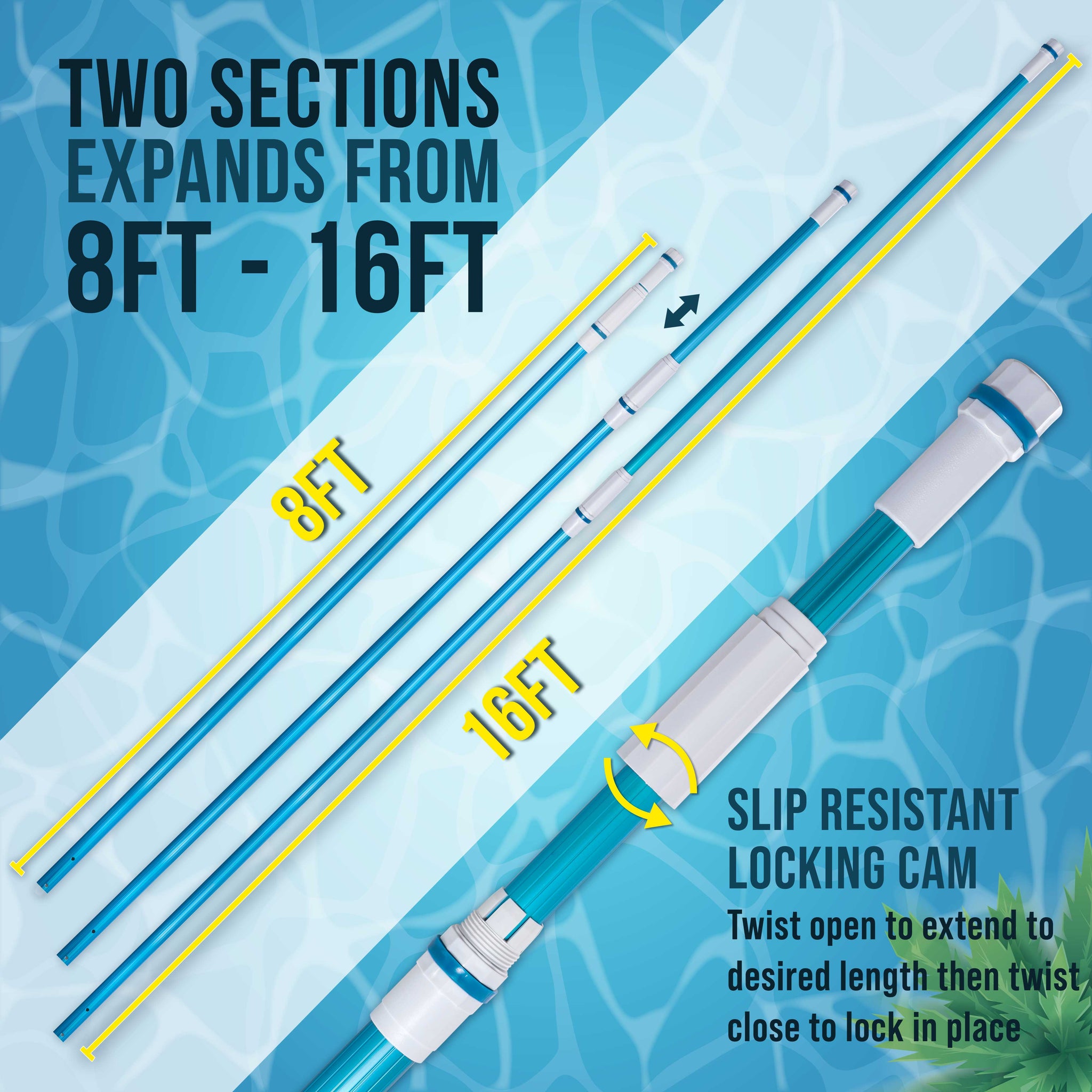 U.S. Pool Supply® Professional 16 Foot Blue Anodized Aluminum Telescopic Swimming Pool Pole, Adjustable 2 Piece Expandable Step-Up - Attach Connect Skimmer Nets, Rakes, Brushes, Vacuum Heads with Hoses