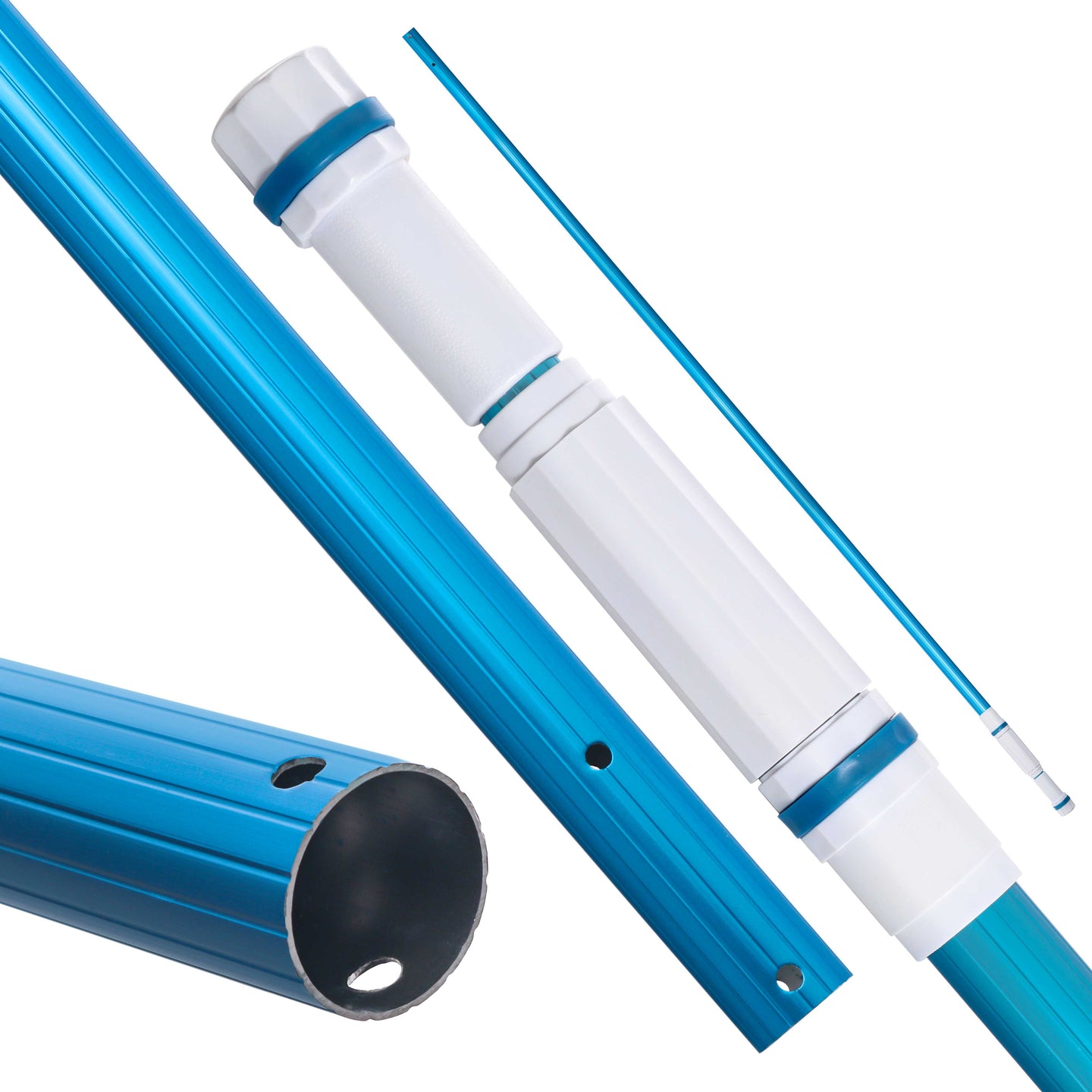 U.S. Pool Supply® Professional 16 Foot Blue Anodized Aluminum Telescopic Swimming Pool Pole, Adjustable 2 Piece Expandable Step-Up - Attach Connect Skimmer Nets, Rakes, Brushes, Vacuum Heads with Hoses