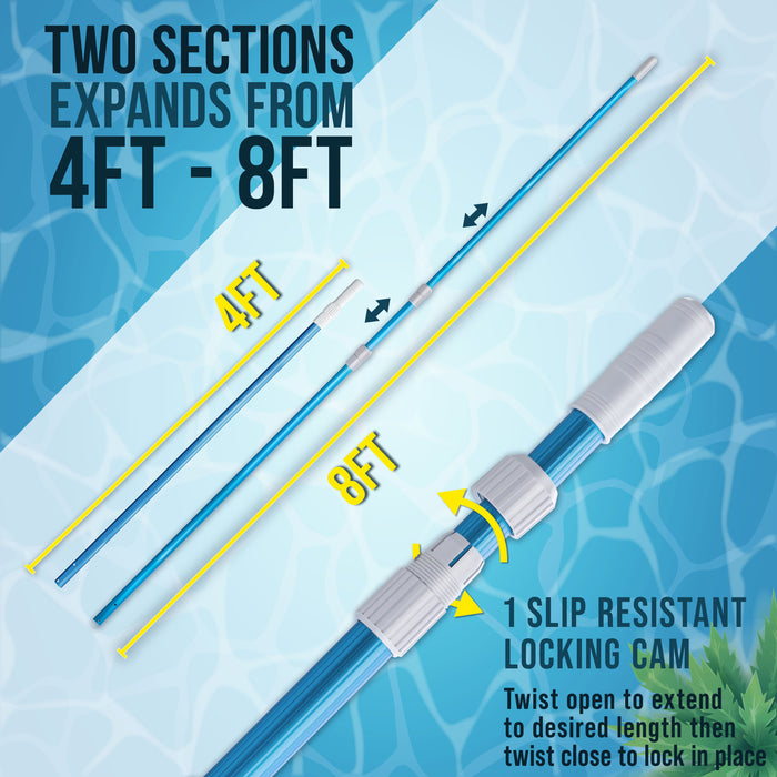 U.S. Pool Supply Professional 8-Foot Blue Anodized Aluminum Telescopic Swimming Pool Pole, Adjustable 2 Piece Expandable Step-Up - Attach Skimmer Nets