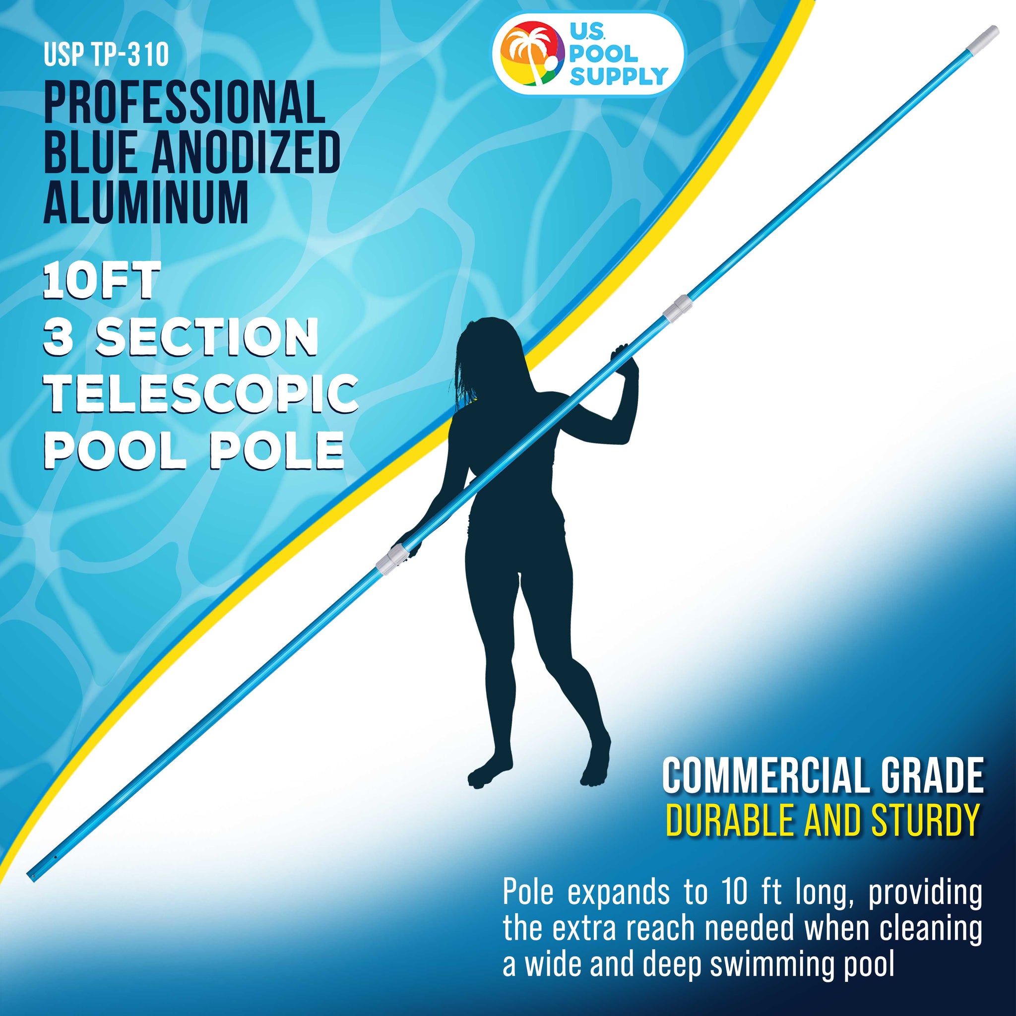 Professional 10-Foot Blue Anodized Aluminum Telescopic Swimming Pool Pole, Adjustable 3 Piece Expandable Step-Up, Attach Skimmer Nets