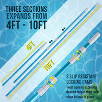 Professional 10-Foot Blue Anodized Aluminum Telescopic Swimming Pool Pole, Adjustable 3 Piece Expandable Step-Up, Attach Skimmer Nets