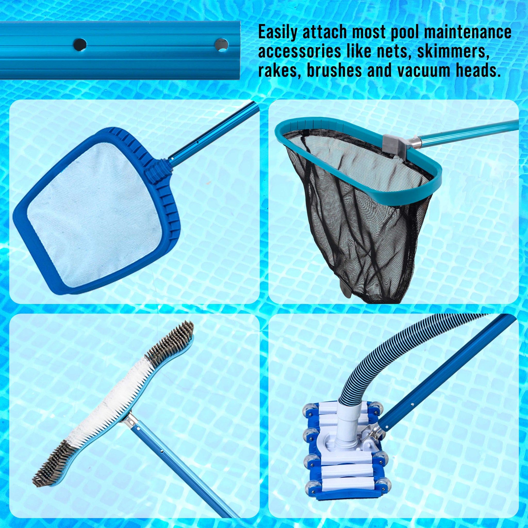 Professional 10-Foot Blue Anodized Aluminum Telescopic Swimming Pool Pole, Adjustable 3 Piece Expandable Step-Up, Attach Skimmer Nets