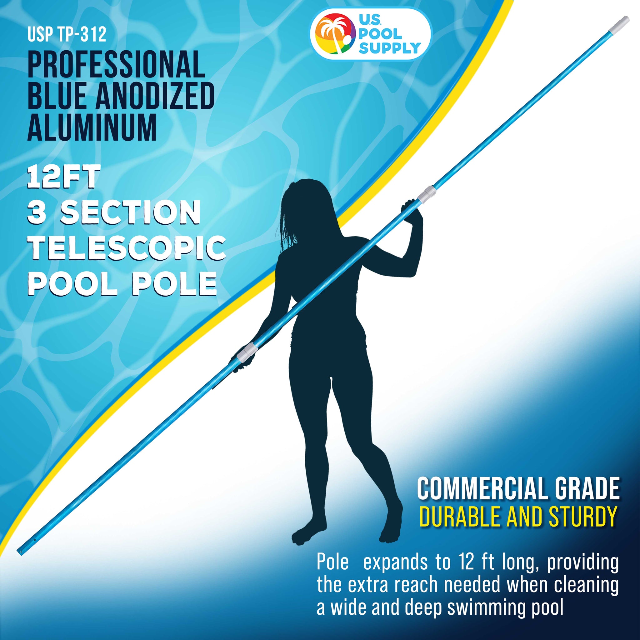 12 Foot Blue Anodized Aluminum Telescopic Swimming Pool Pole, Adjustable 3 Piece Expandable Step-Up - Attach Connect Skimmer Nets, Rakes, Brushes