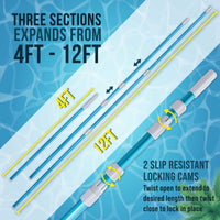 12 Foot Blue Anodized Aluminum Telescopic Swimming Pool Pole, Adjustable 3 Piece Expandable Step-Up - Attach Connect Skimmer Nets, Rakes, Brushes