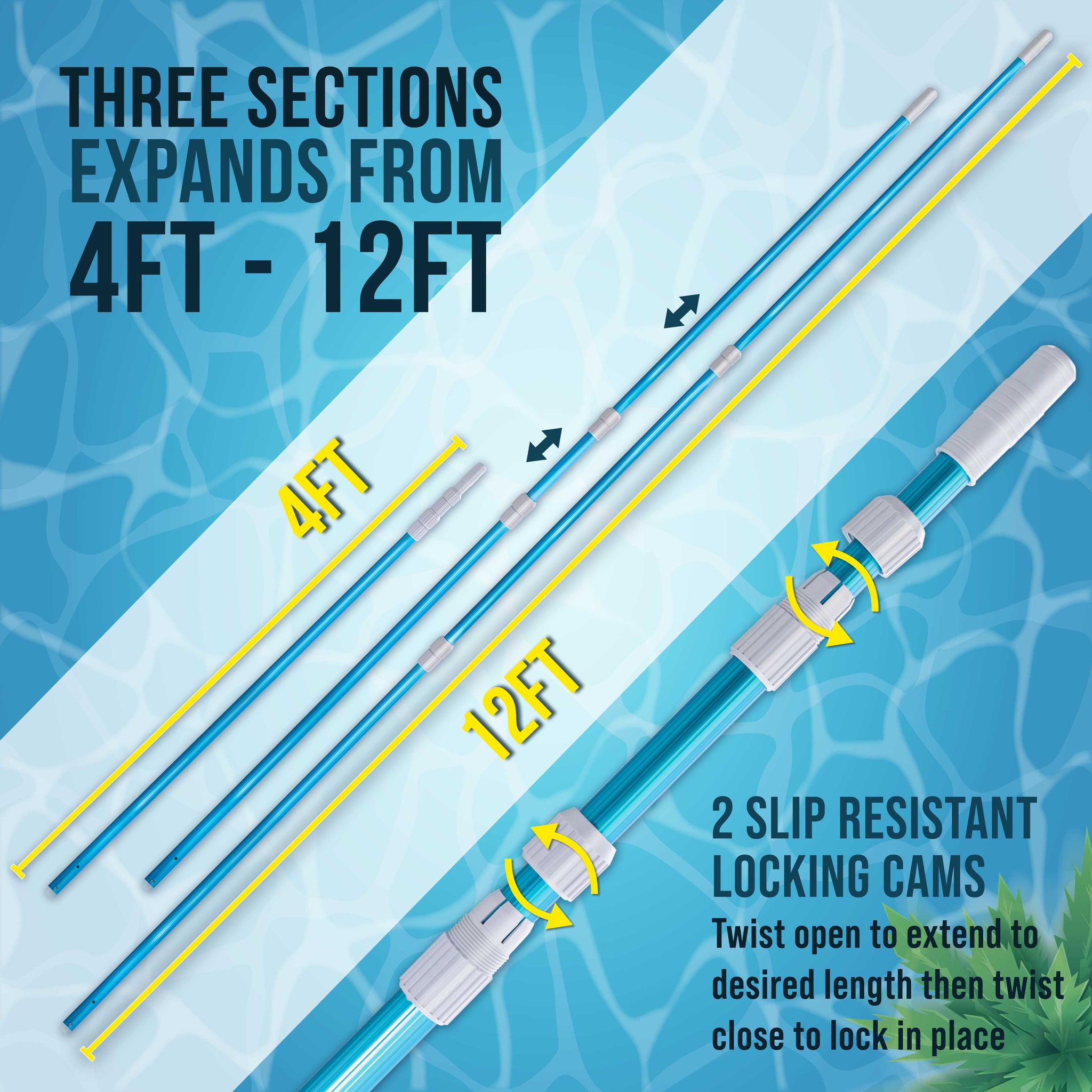 12 Foot Blue Anodized Aluminum Telescopic Swimming Pool Pole, Adjustable 3 Piece Expandable Step-Up - Attach Connect Skimmer Nets, Rakes, Brushes