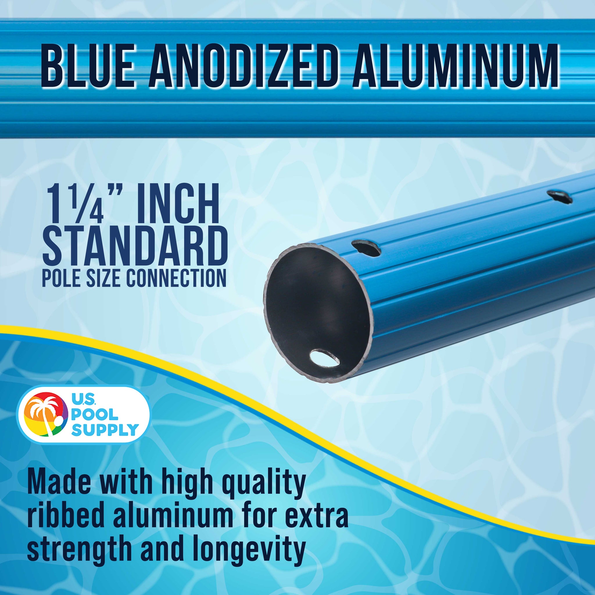 12 Foot Blue Anodized Aluminum Telescopic Swimming Pool Pole, Adjustable 3 Piece Expandable Step-Up - Attach Connect Skimmer Nets, Rakes, Brushes