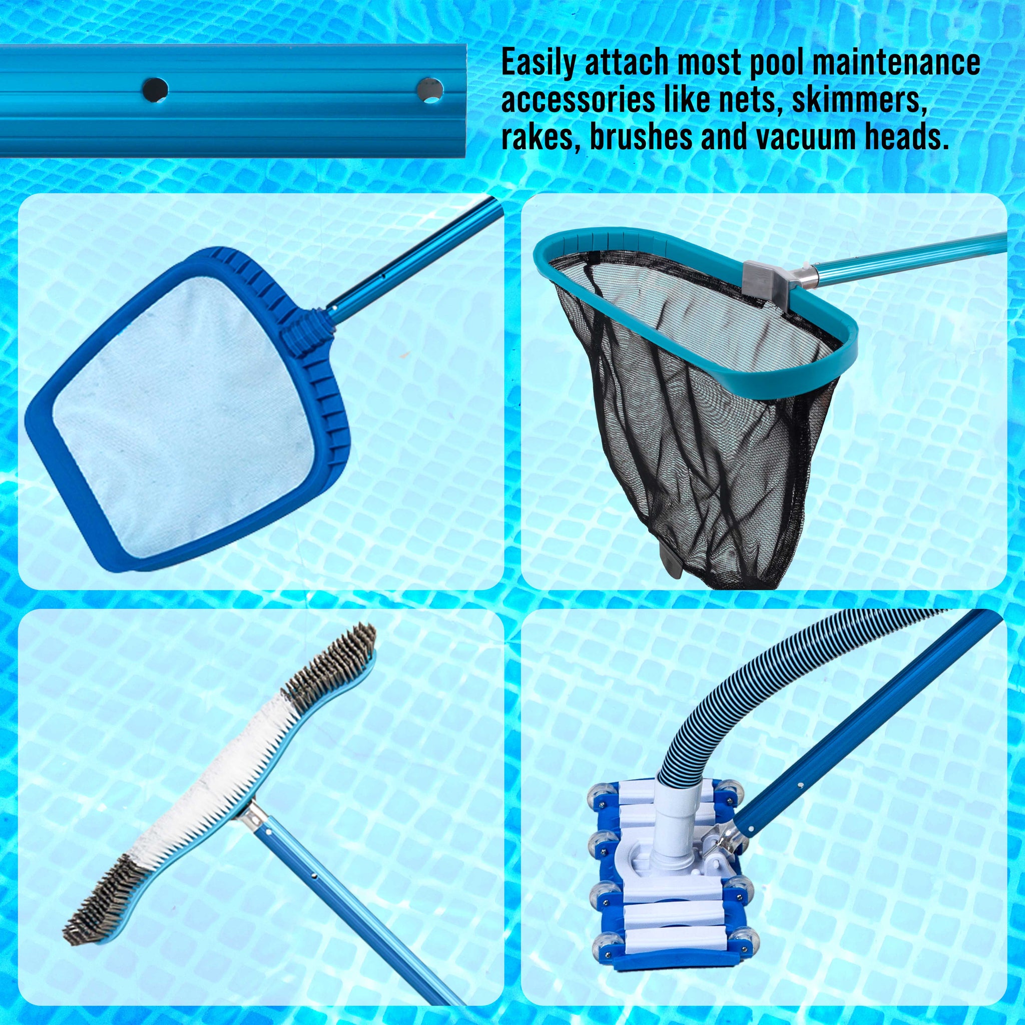 12 Foot Blue Anodized Aluminum Telescopic Swimming Pool Pole, Adjustable 3 Piece Expandable Step-Up - Attach Connect Skimmer Nets, Rakes, Brushes