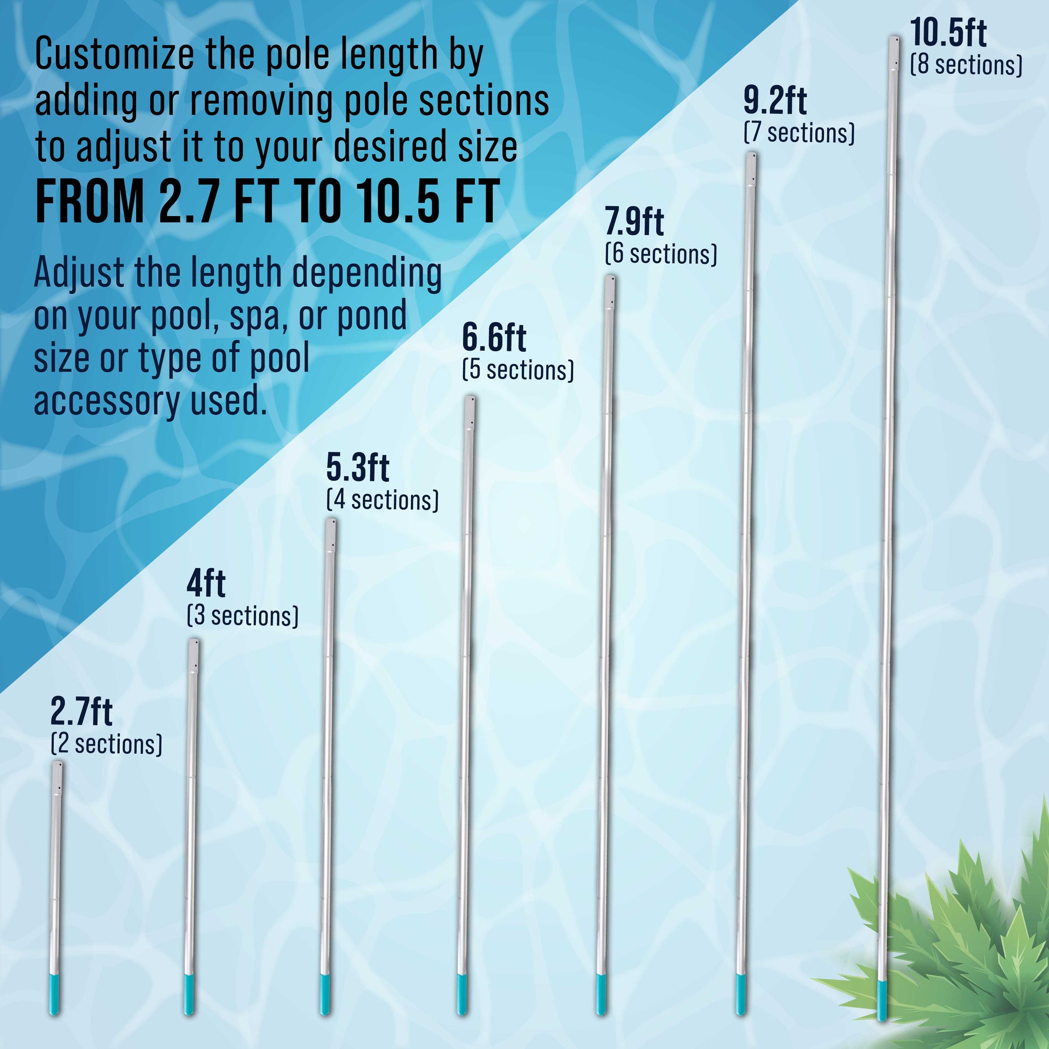 10.5 Foot Aluminum Telescopic Swimming Pool Pole - 8 Adjustable Connecting Sections, Attach Skimmer Nets, Rakes, Brushes, Vacuum Head